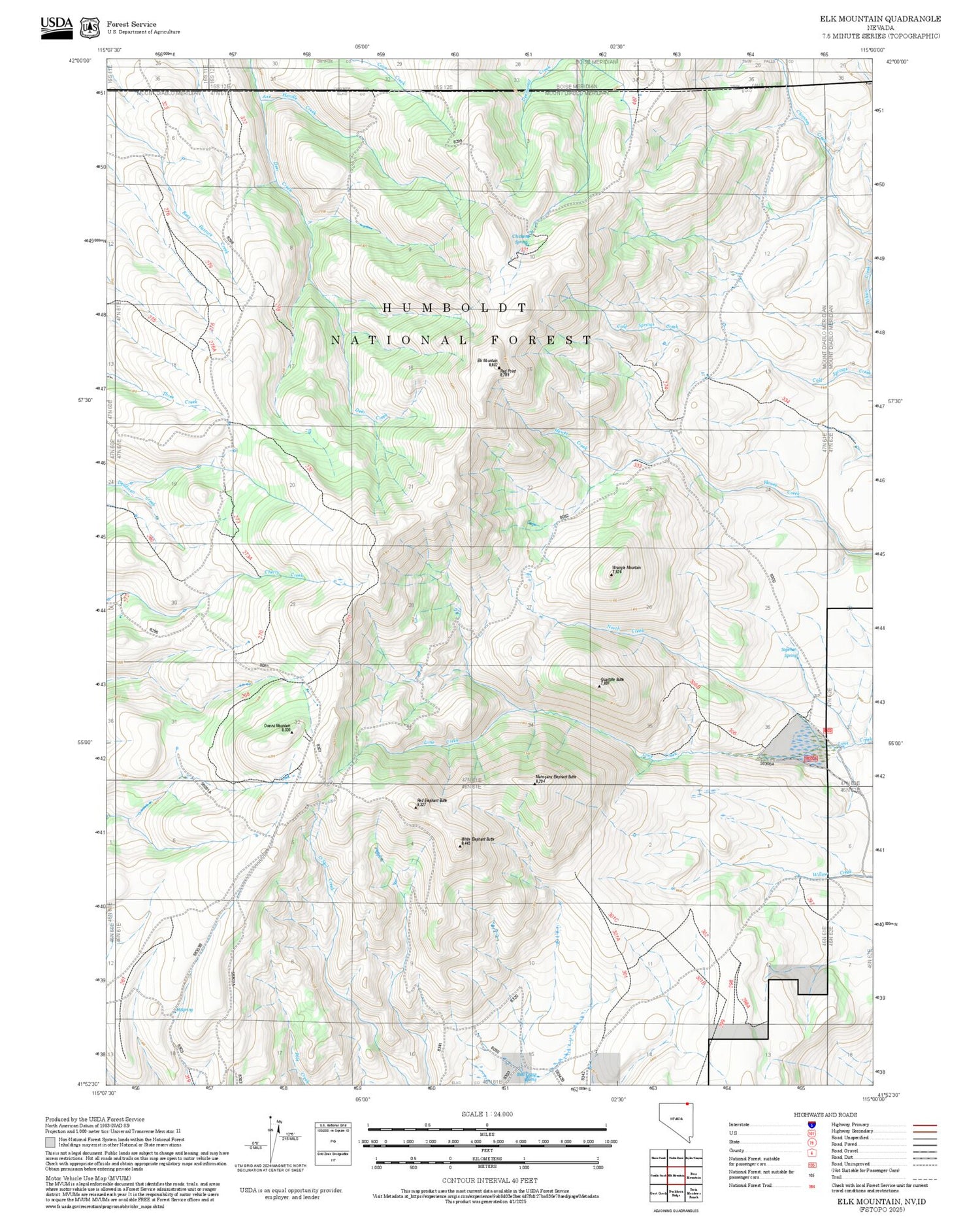 2025 Forest Service Topo Map of Elk Mountain Nevada