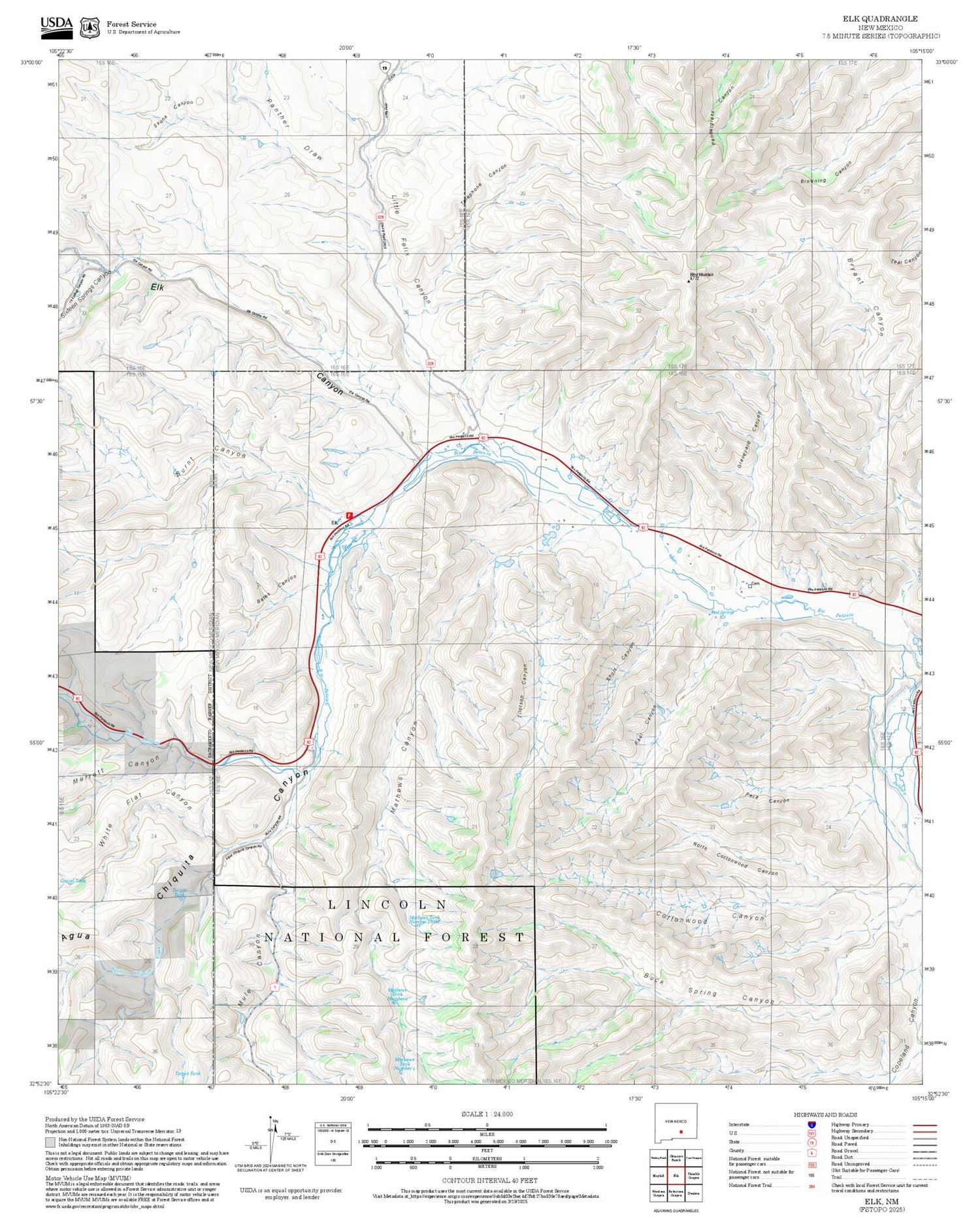 2025 Forest Service Topo Map of Elk New Mexico