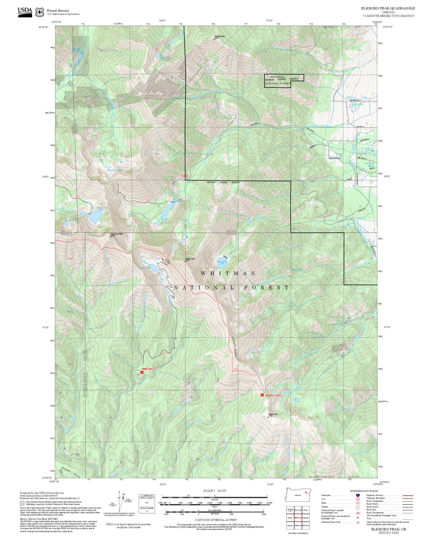 2025 Forest Service Topo Map of Elkhorn Peak Oregon