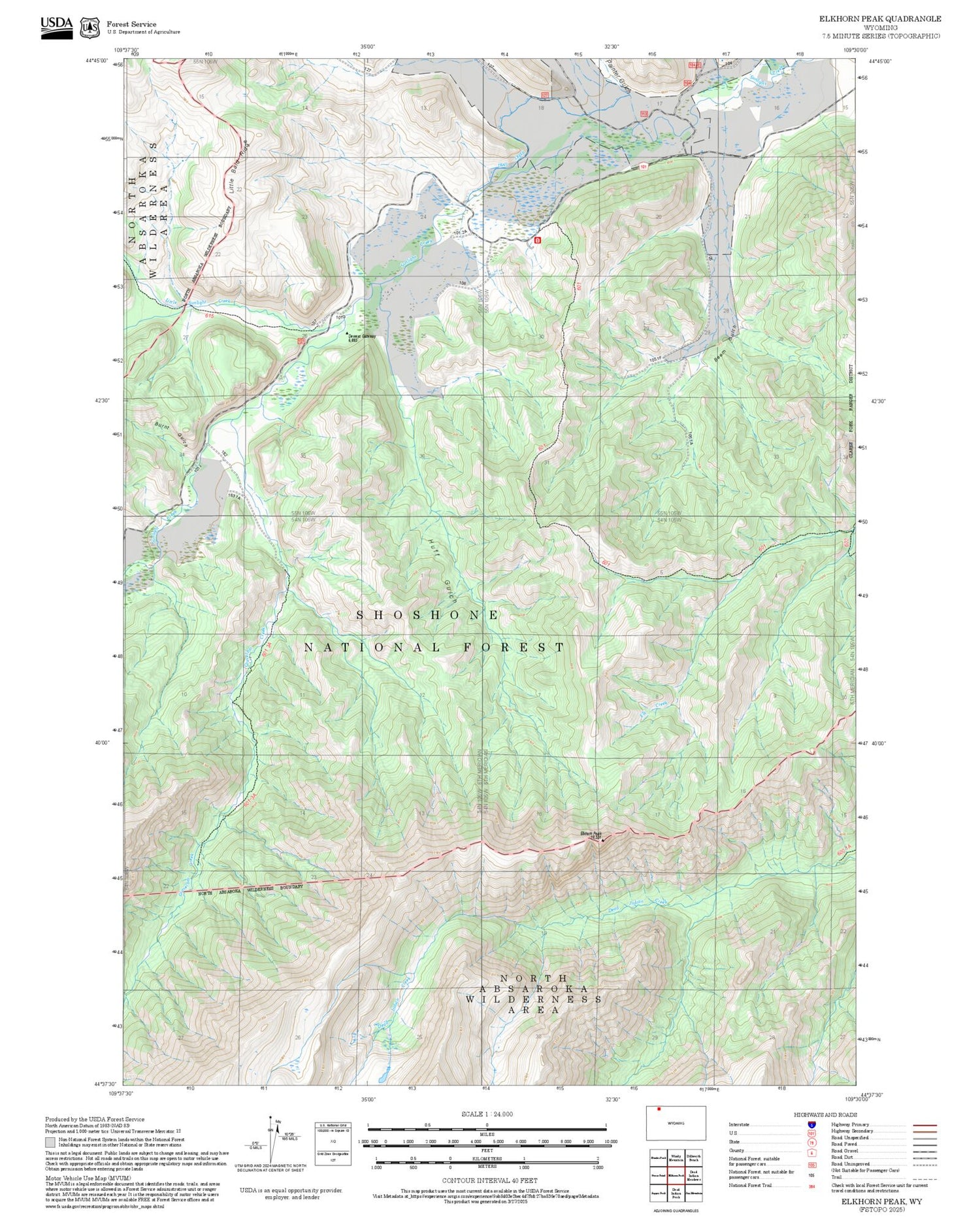 2025 Forest Service Topo Map of Elkhorn Peak Wyoming