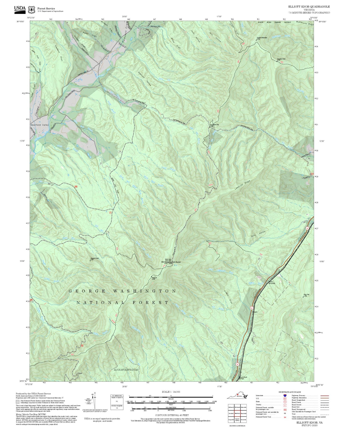 2025 Forest Service Topo Map of Elliott Knob Virginia