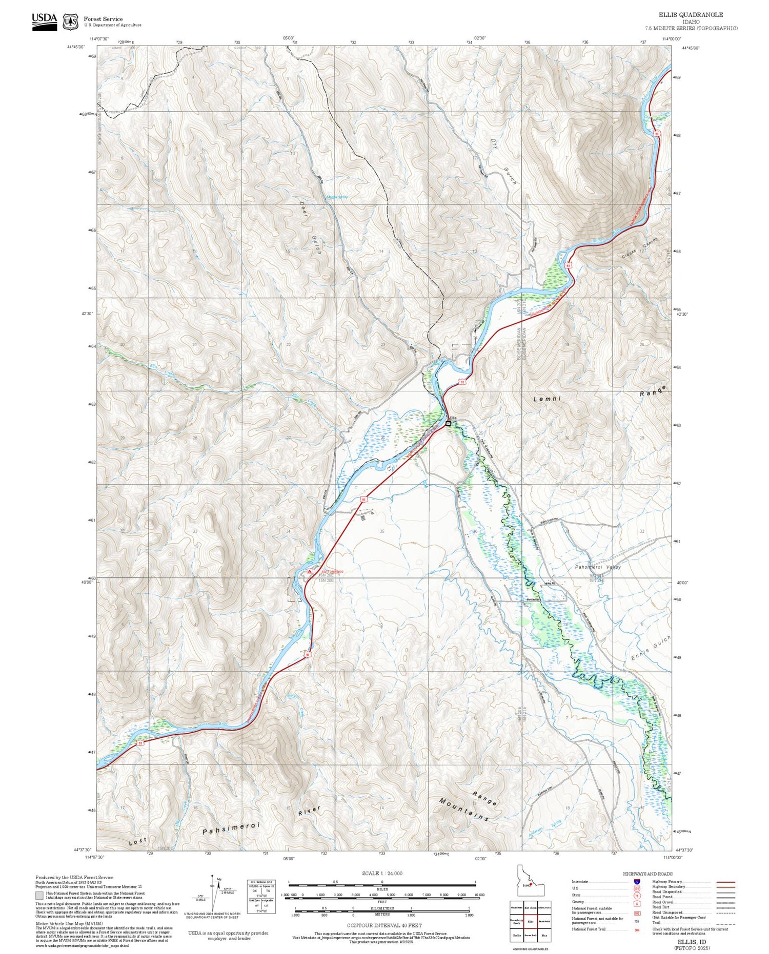 2025 Forest Service Topo Map of Ellis Idaho