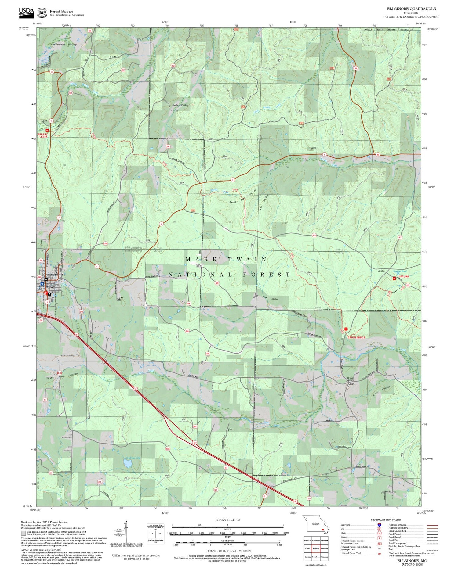 2025 Forest Service Topo Map of Ellsinore Missouri