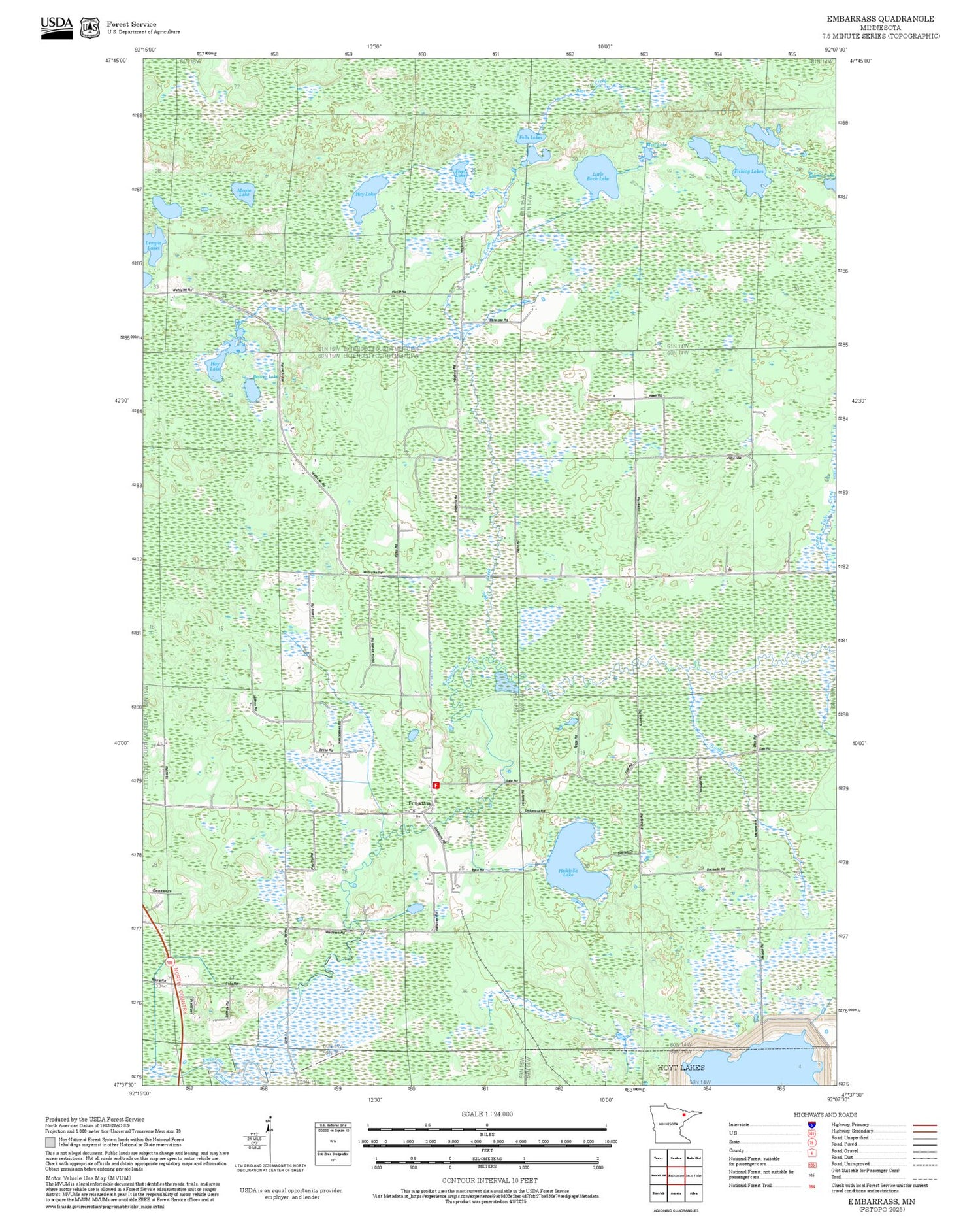2025 Forest Service Topo Map of Embarrass Minnesota