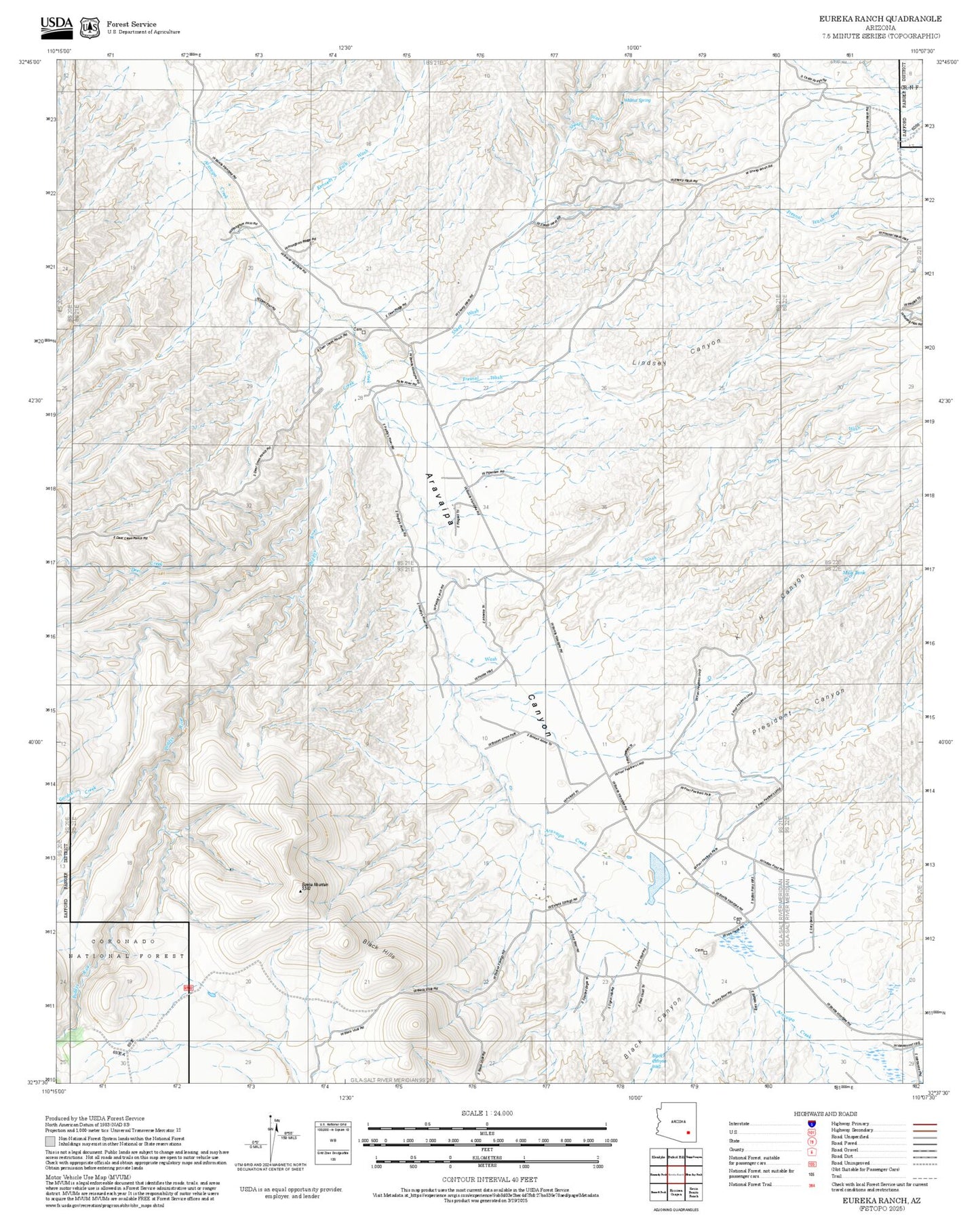 2025 Forest Service Topo Map of Eureka Ranch Arizona