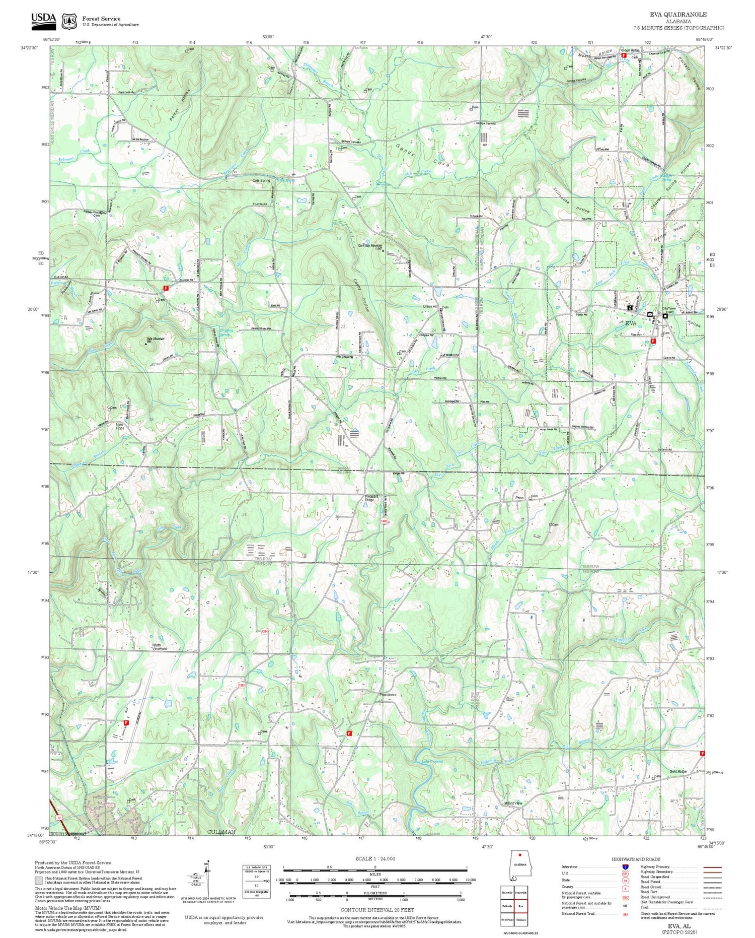 2025 Forest Service Topo Map of Eva Alabama