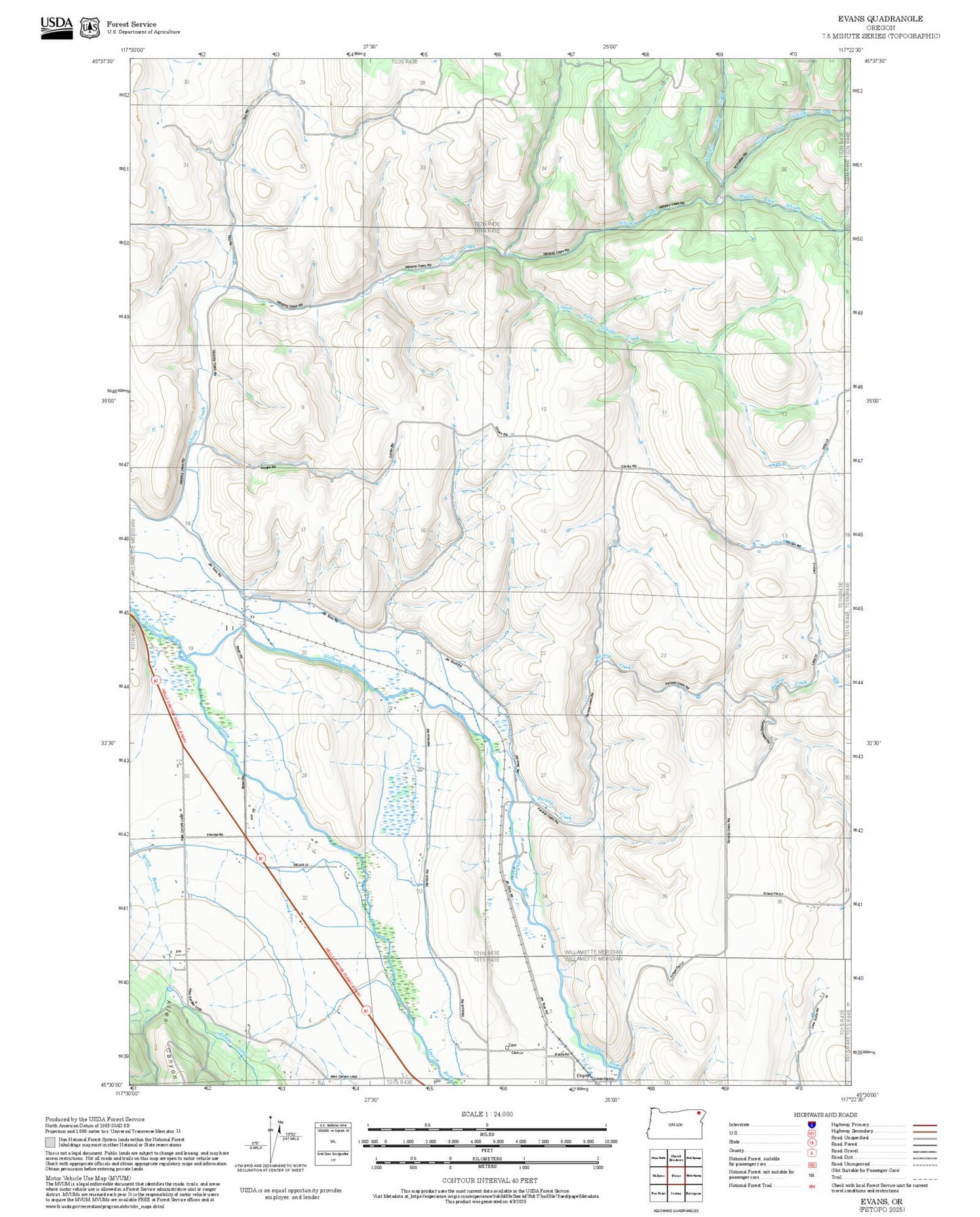 2025 Forest Service Topo Map of Evans Oregon