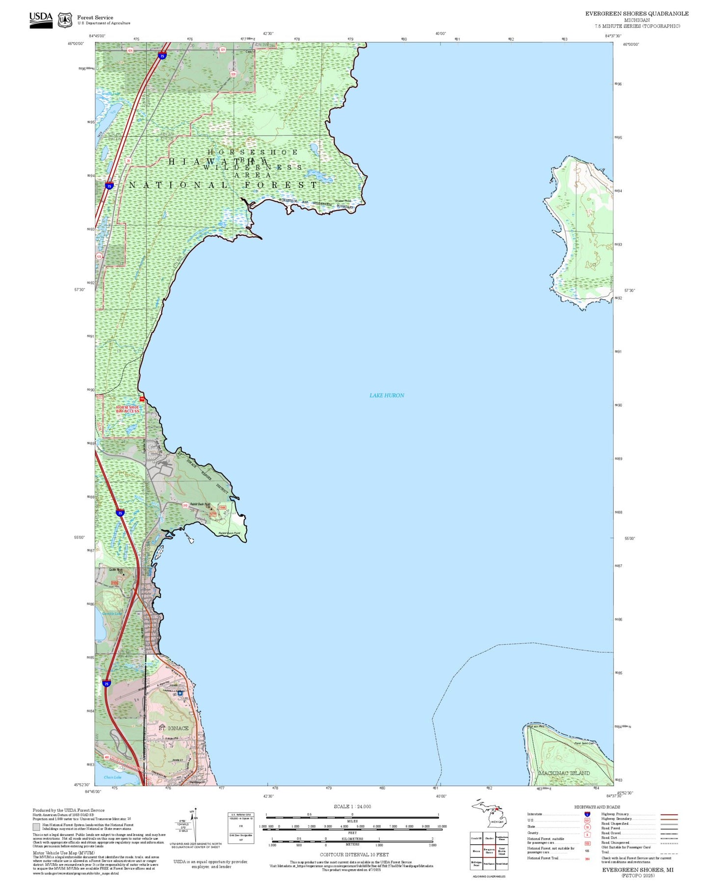 2025 Forest Service Topo Map of Evergreen Shores Michigan