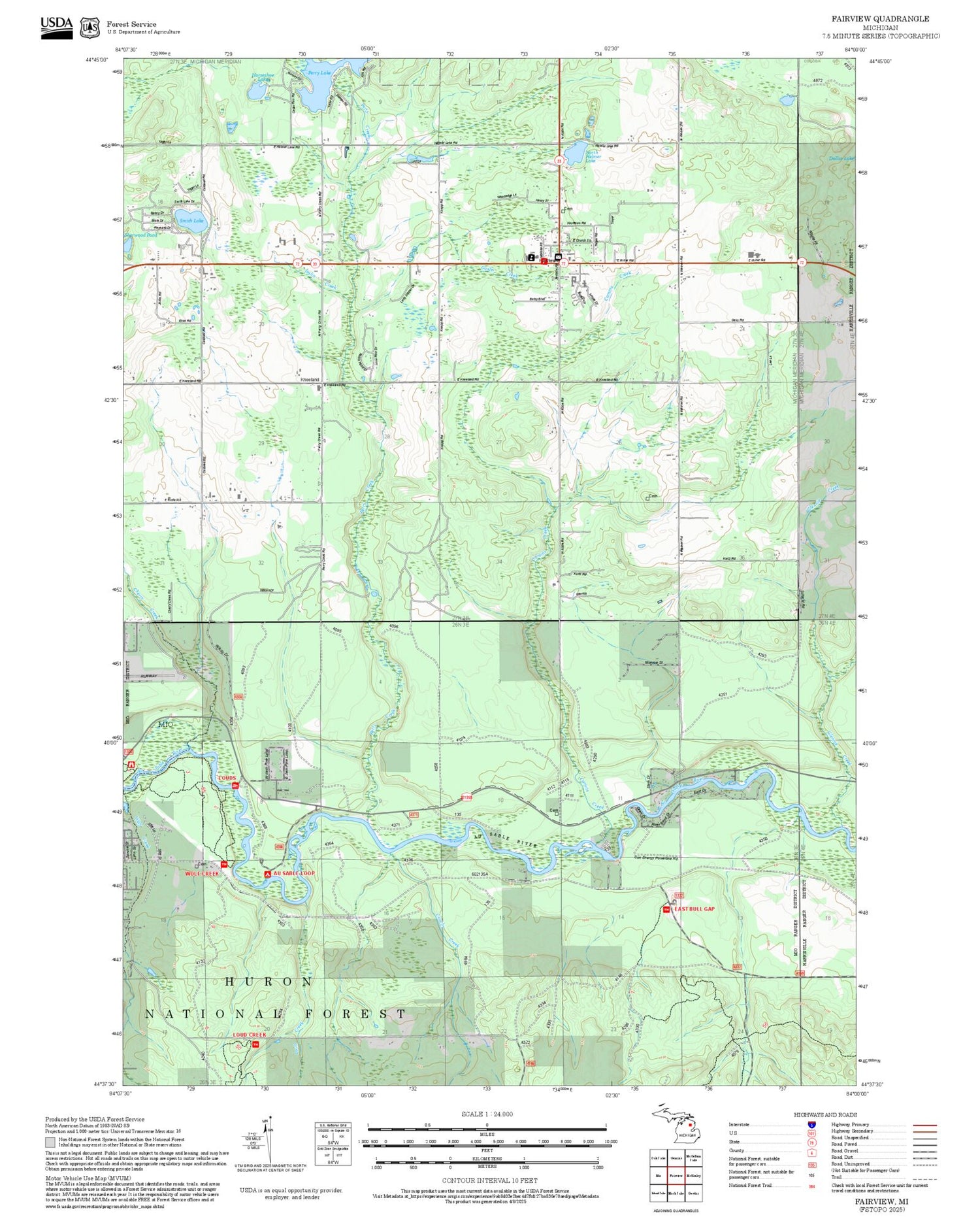 2025 Forest Service Topo Map of Fairview Michigan