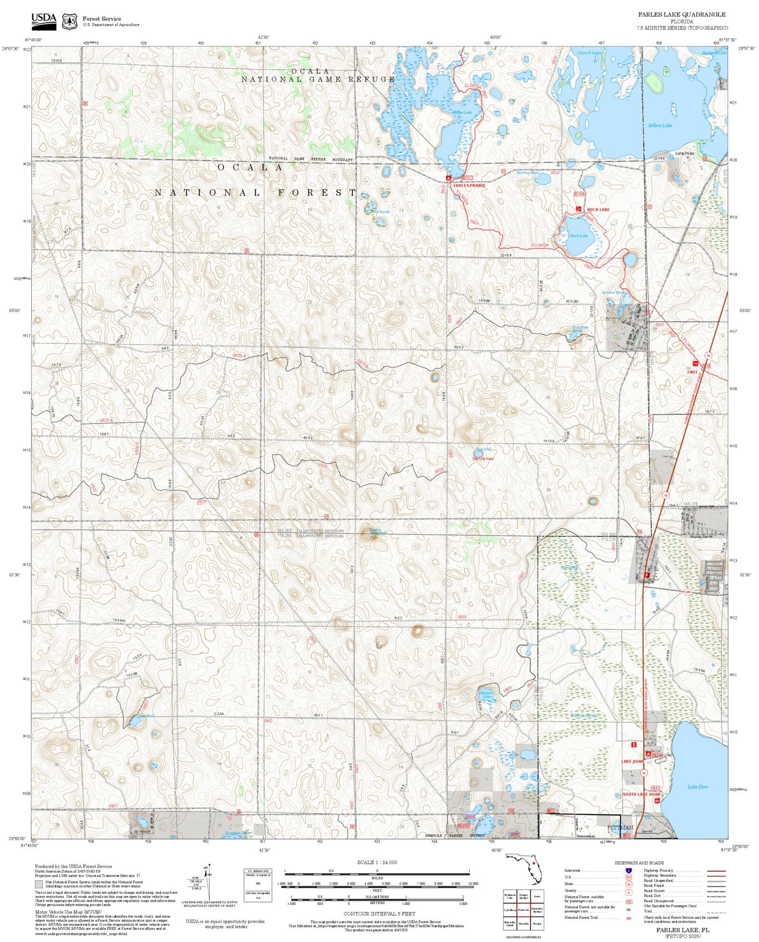 2025 Forest Service Topo Map of Farles Lake Florida