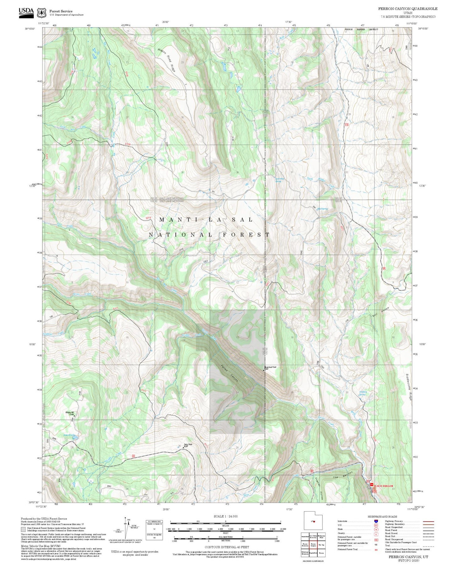 2025 Forest Service Topo Map of Ferron Canyon Utah