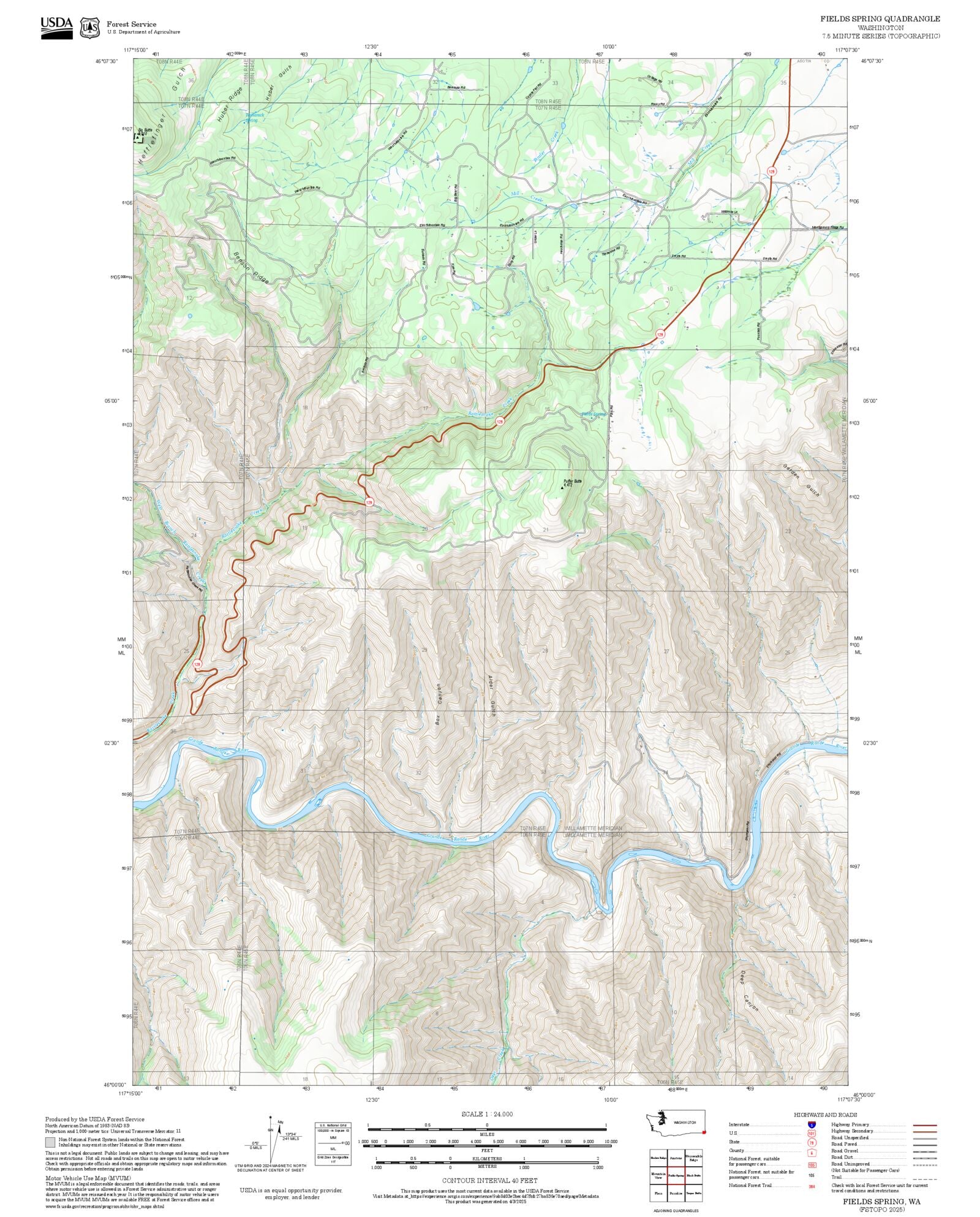 2025 Forest Service Topo Map of Fields Spring Washington – MyTopo Map Store