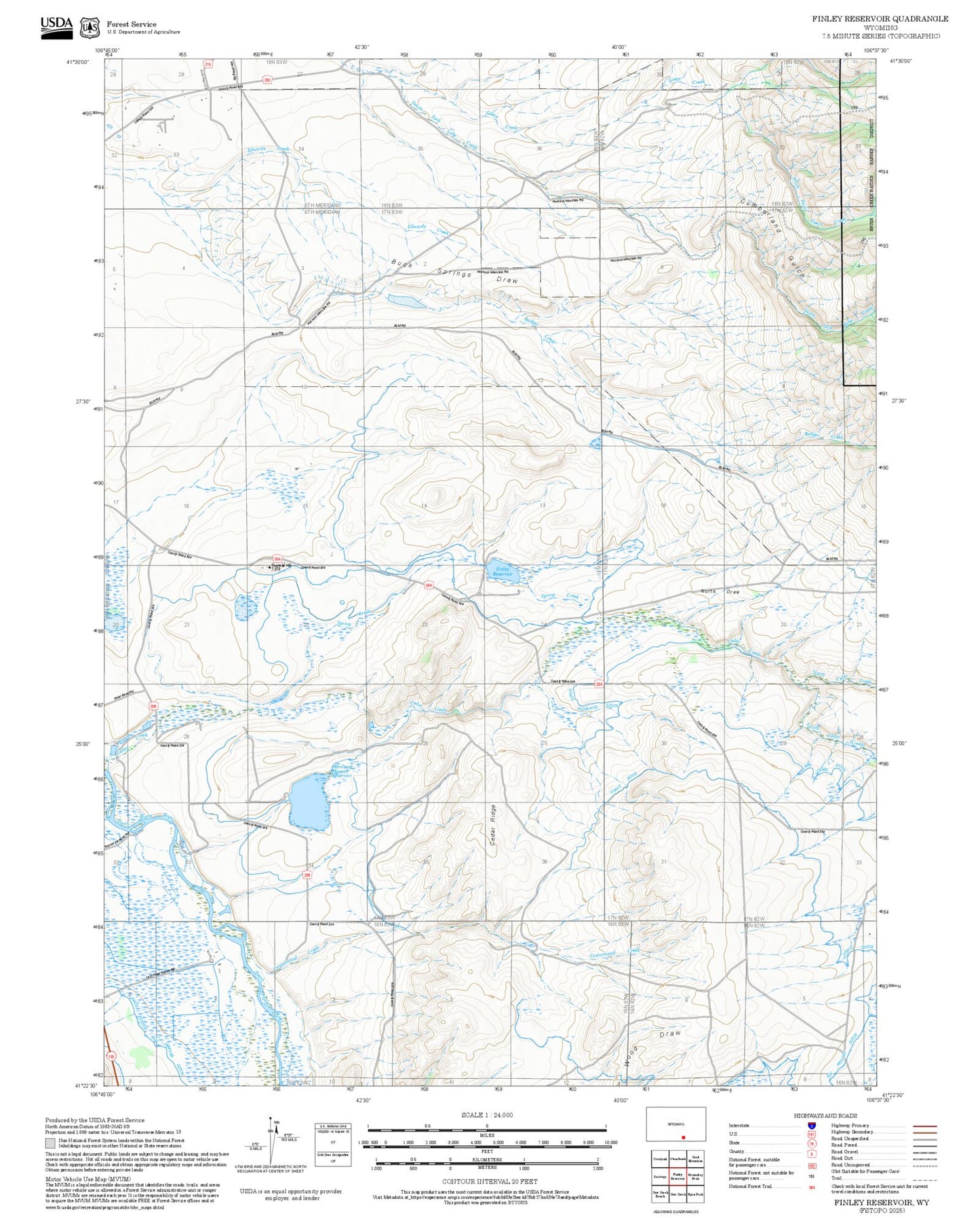 2025 Forest Service Topo Map of Finley Reservoir Wyoming