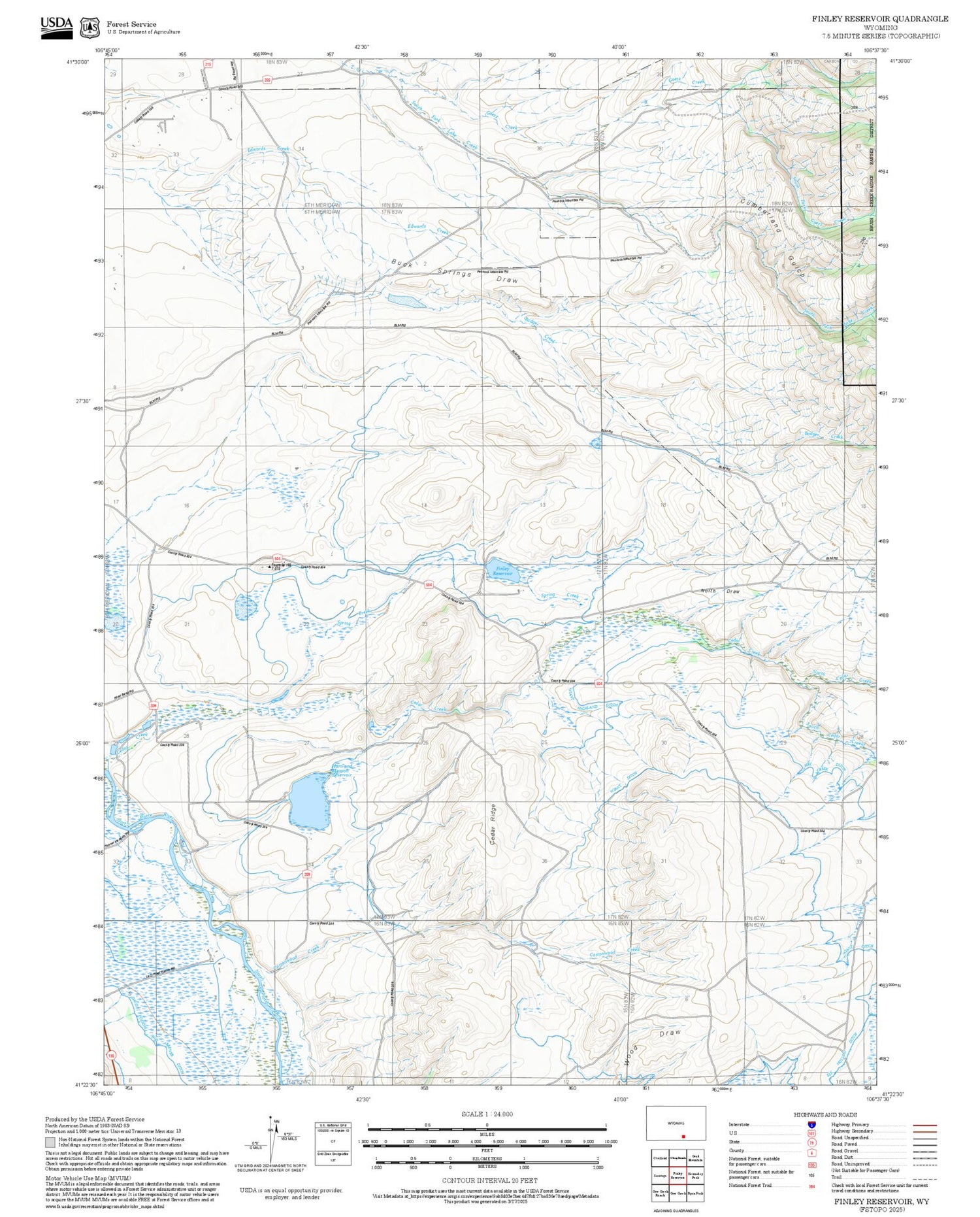 2025 Forest Service Topo Map of Finley Reservoir Wyoming