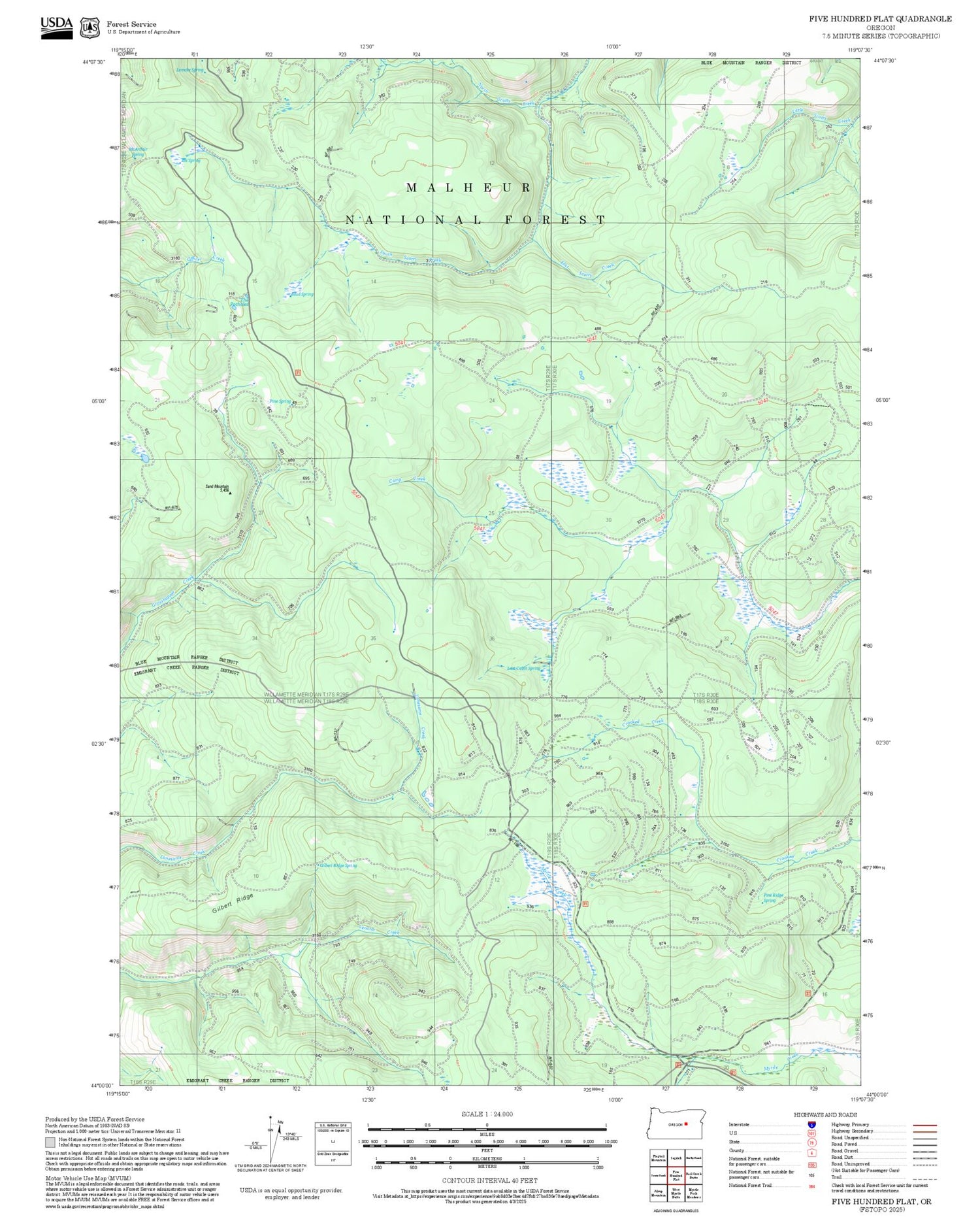 2025 Forest Service Topo Map of Five Hundred Flat Oregon