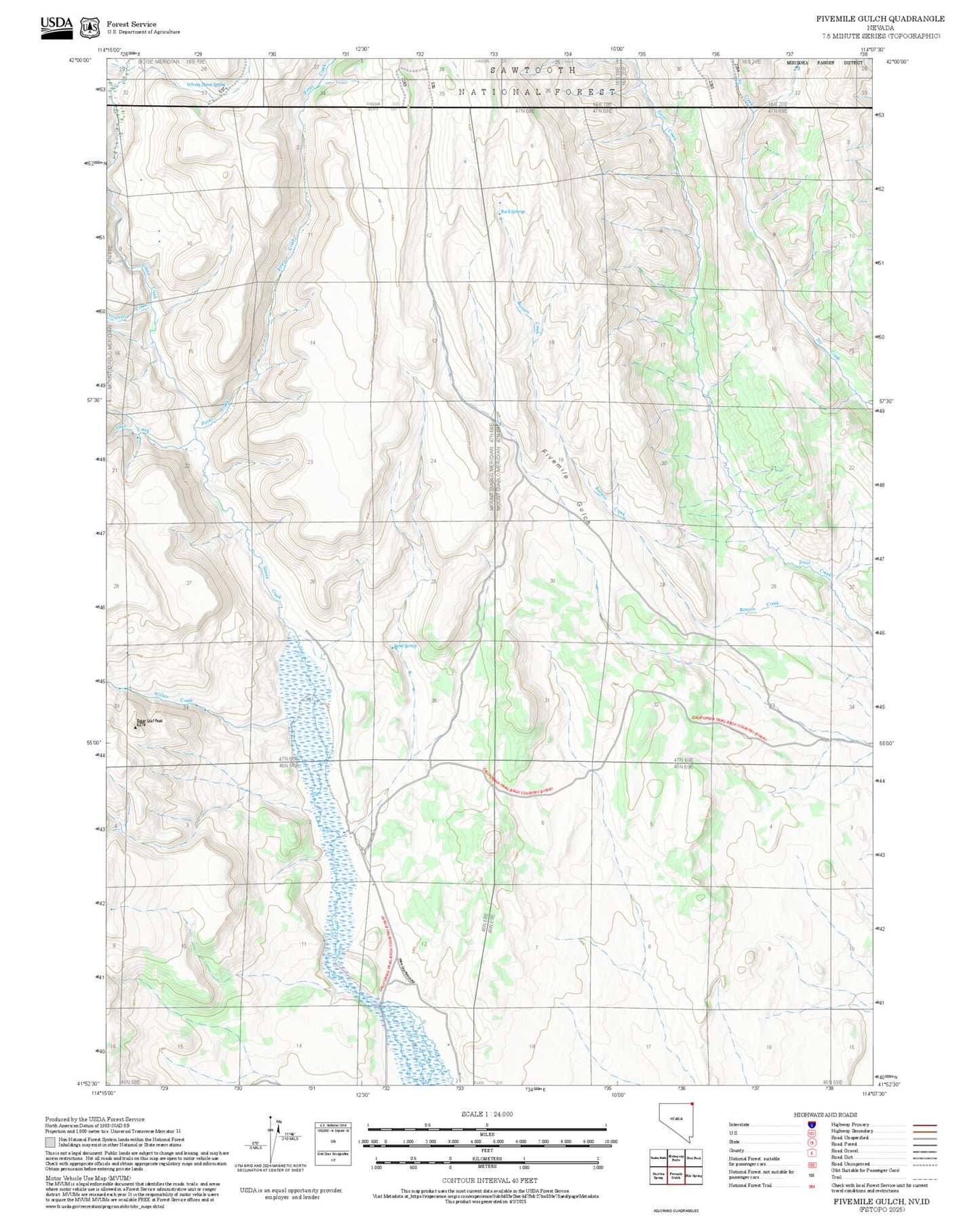 2025 Forest Service Topo Map of Fivemile Gulch Nevada