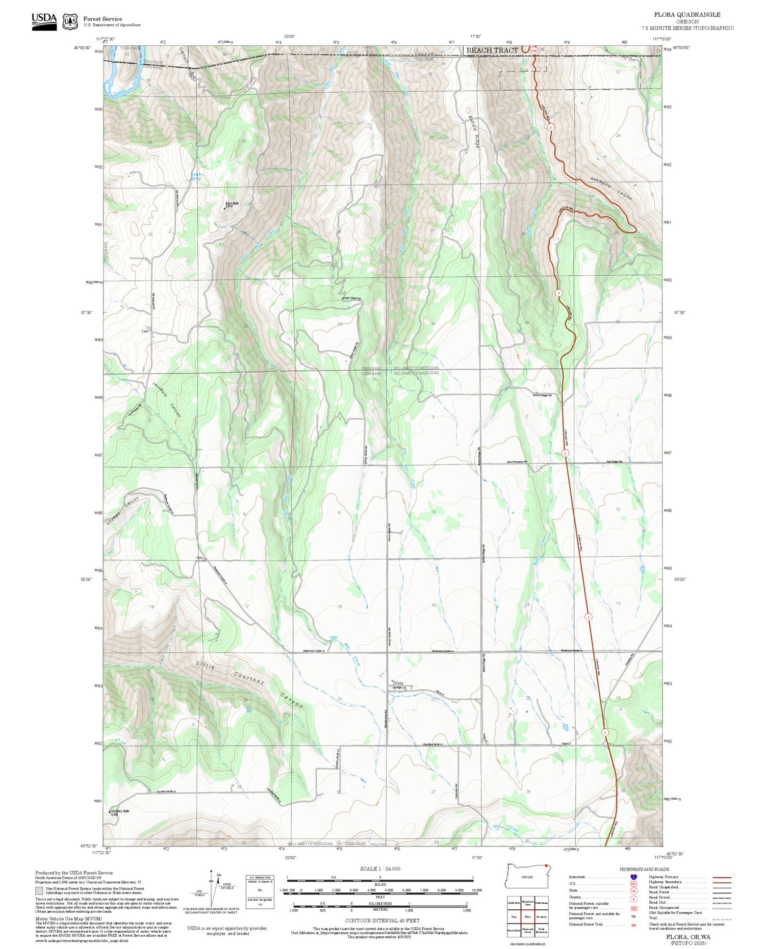 2025 Forest Service Topo Map of Flora Oregon