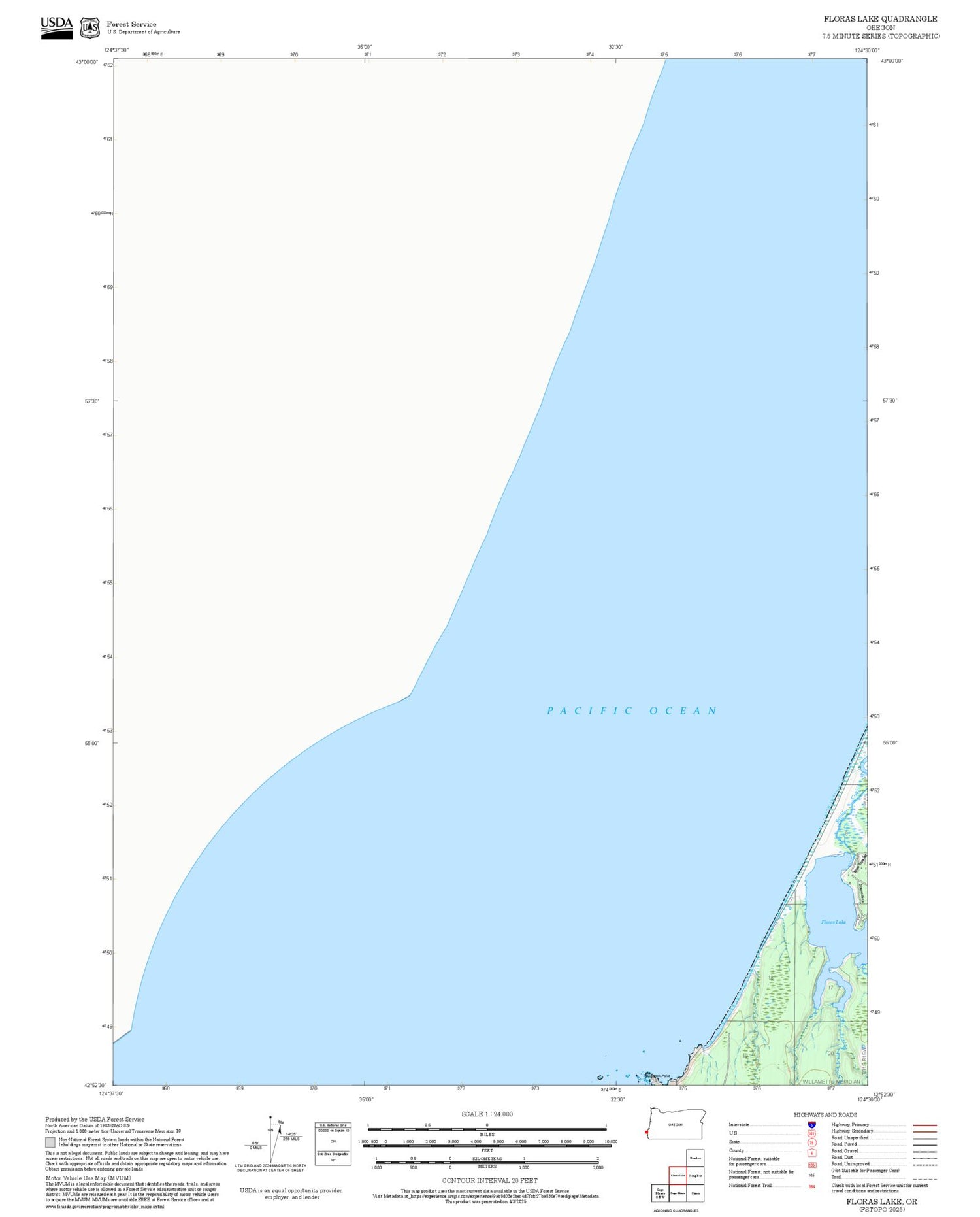 2025 Forest Service Topo Map of Floras Lake Oregon