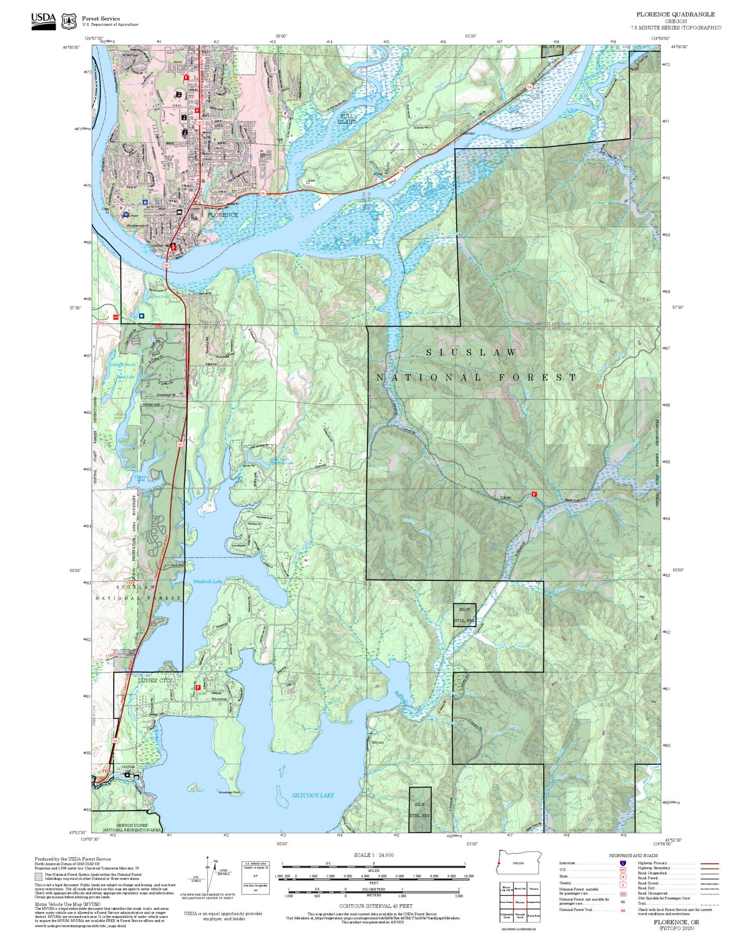 2025 Forest Service Topo Map of Florence Oregon