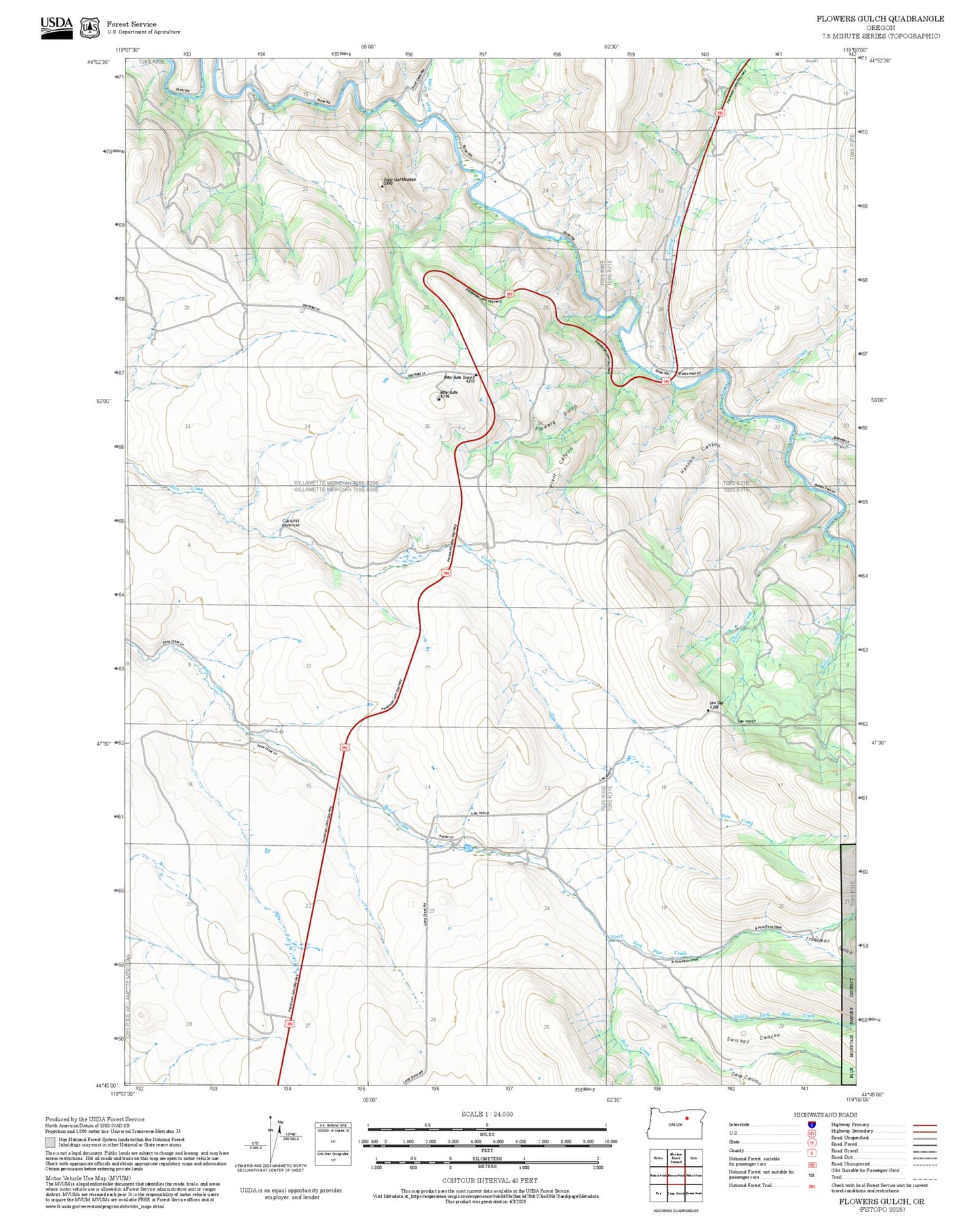 2025 Forest Service Topo Map of Flowers Gulch Oregon