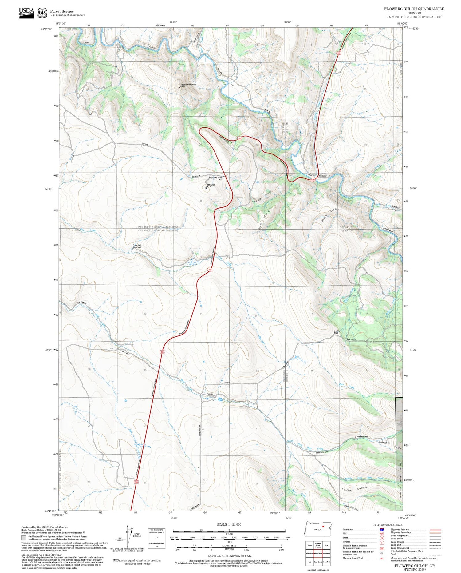 2025 Forest Service Topo Map of Flowers Gulch Oregon