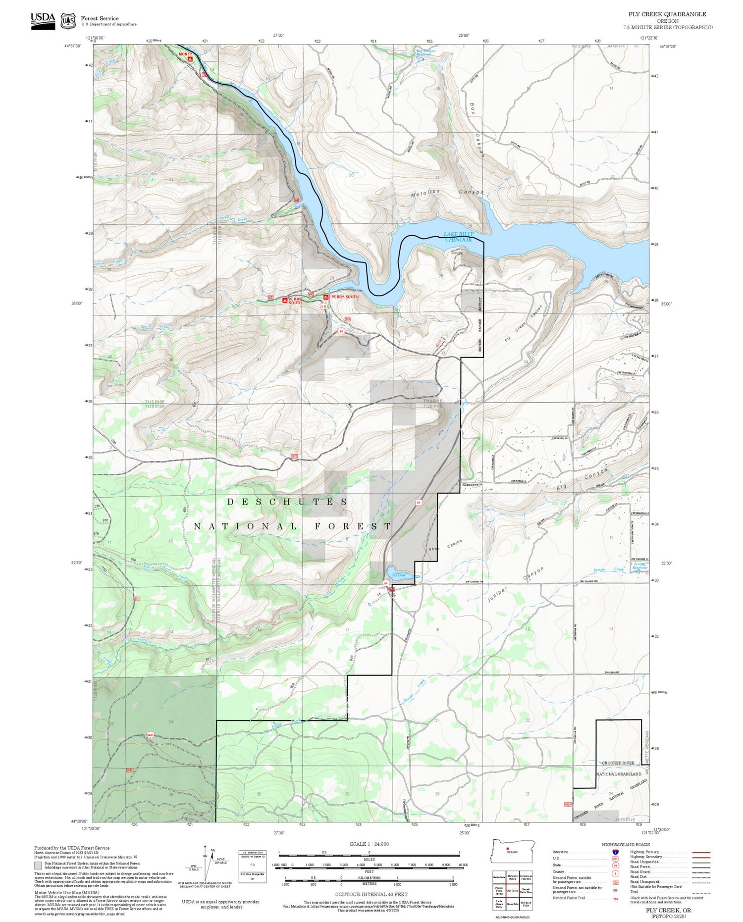 2025 Forest Service Topo Map of Fly Creek Oregon