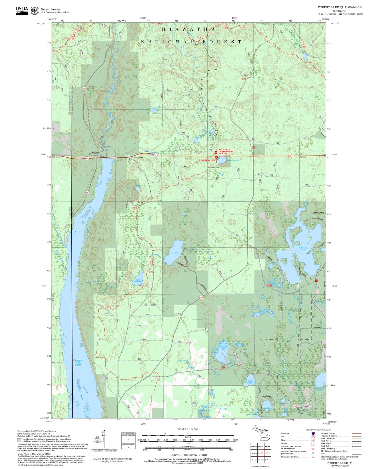 2025 Forest Service Topo Map of Forest Lake Michigan