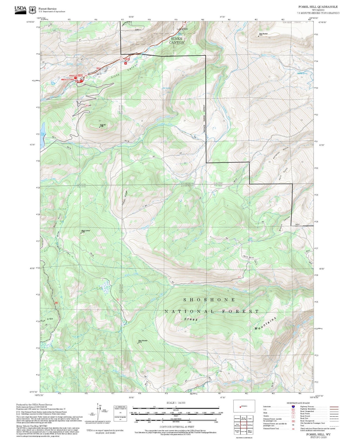 2025 Forest Service Topo Map of Fossil Hill Wyoming