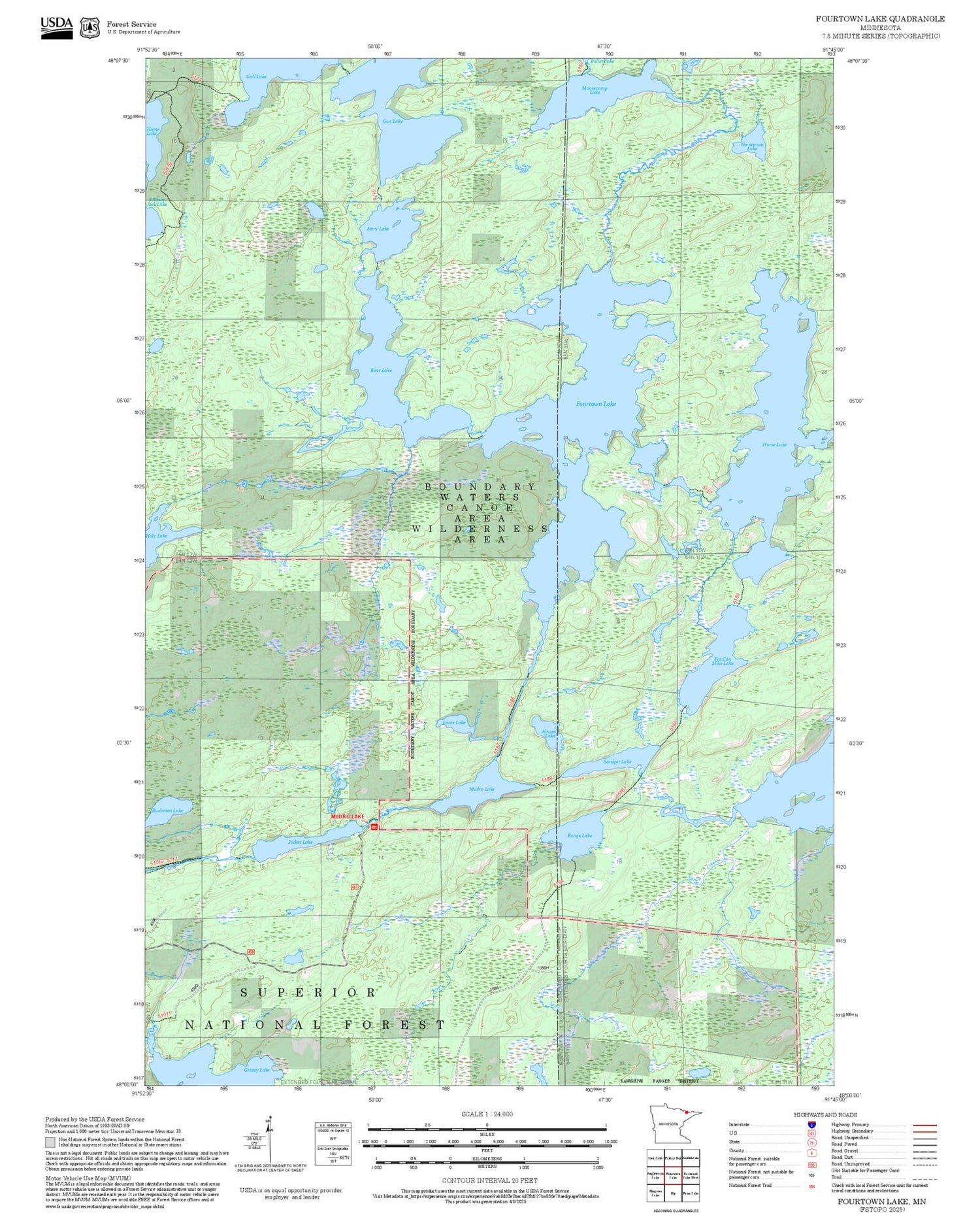 2025 Forest Service Topo Map of Fourtown Lake Minnesota
