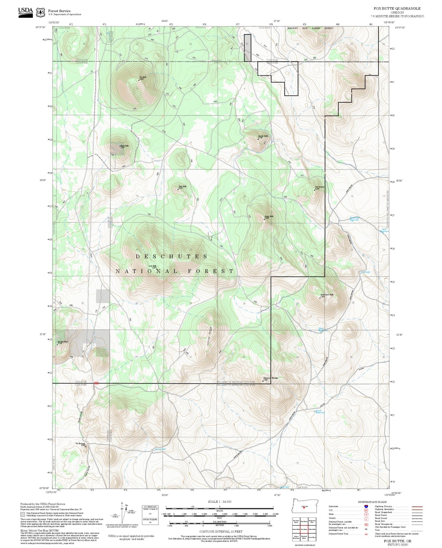 2025 Forest Service Topo Map of Fox Butte Oregon