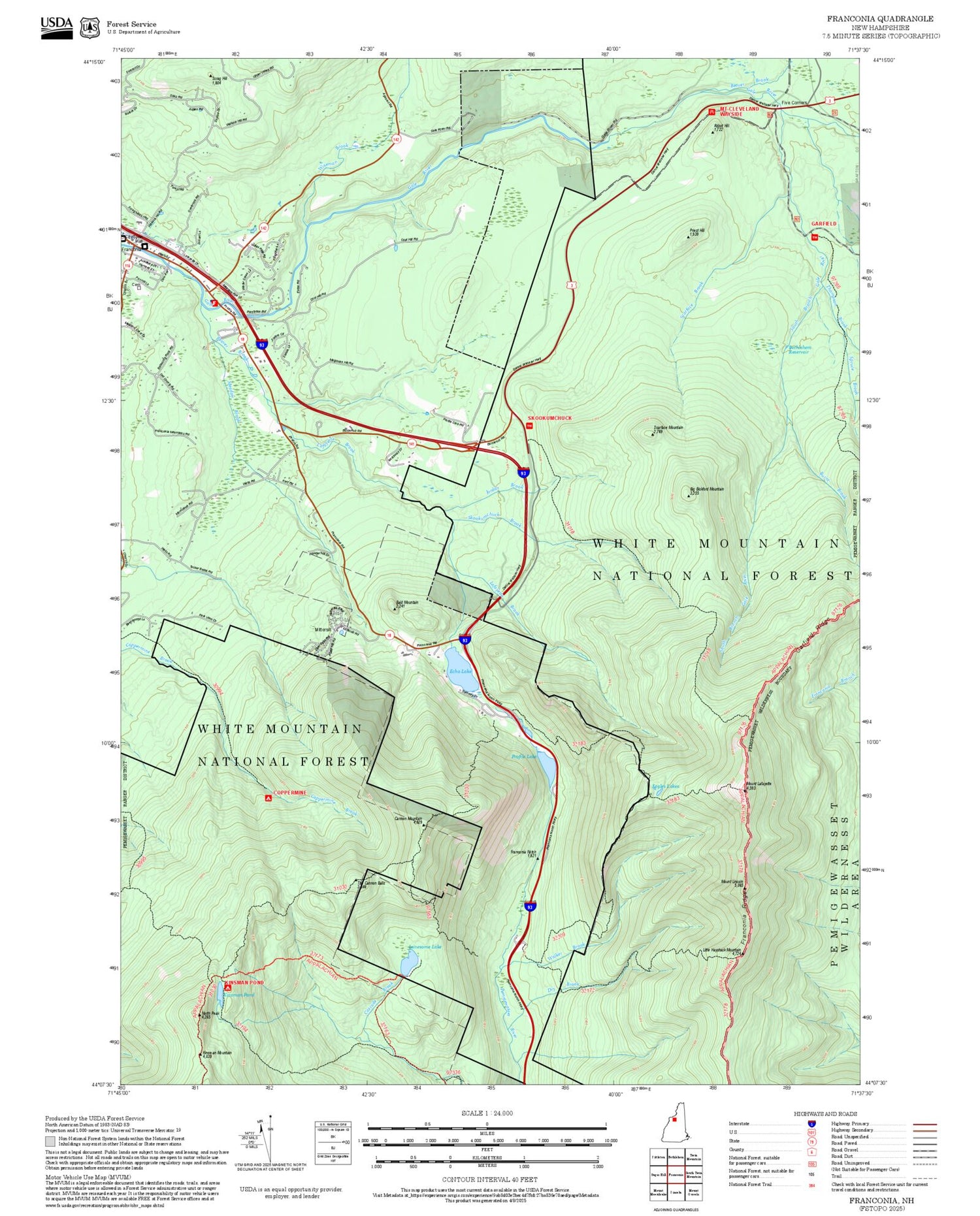 2025 Forest Service Topo Map of Franconia New Hampshire