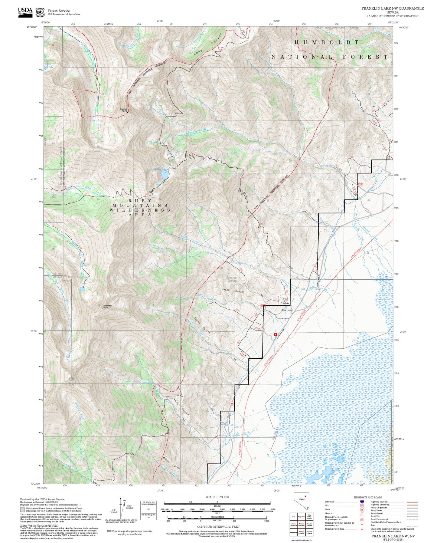 2025 Forest Service Topo Map of Franklin Lake NW Nevada