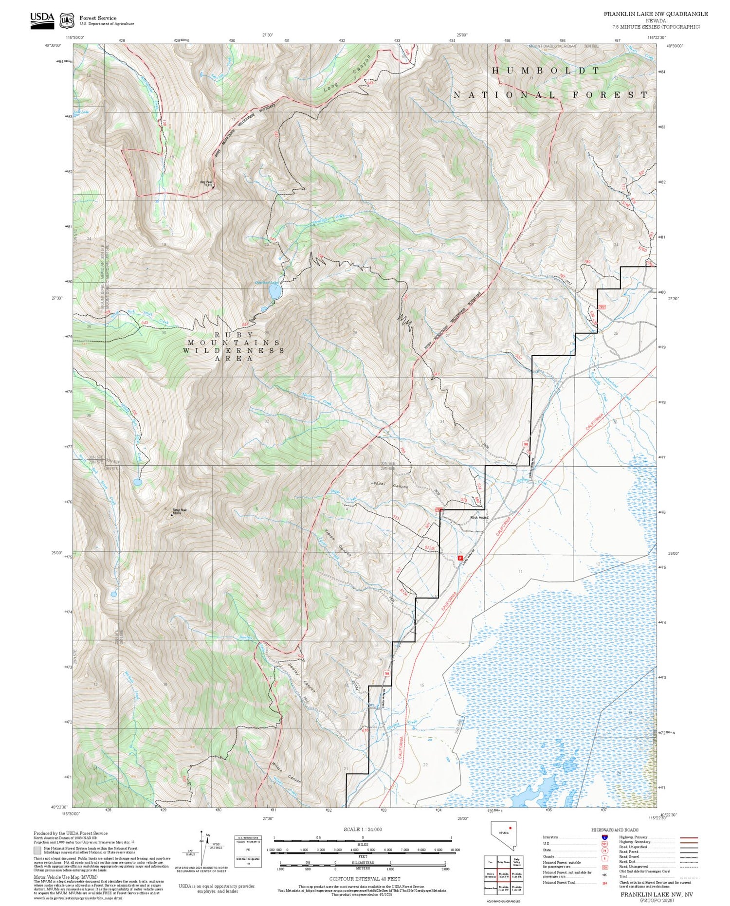 2025 Forest Service Topo Map of Franklin Lake NW Nevada