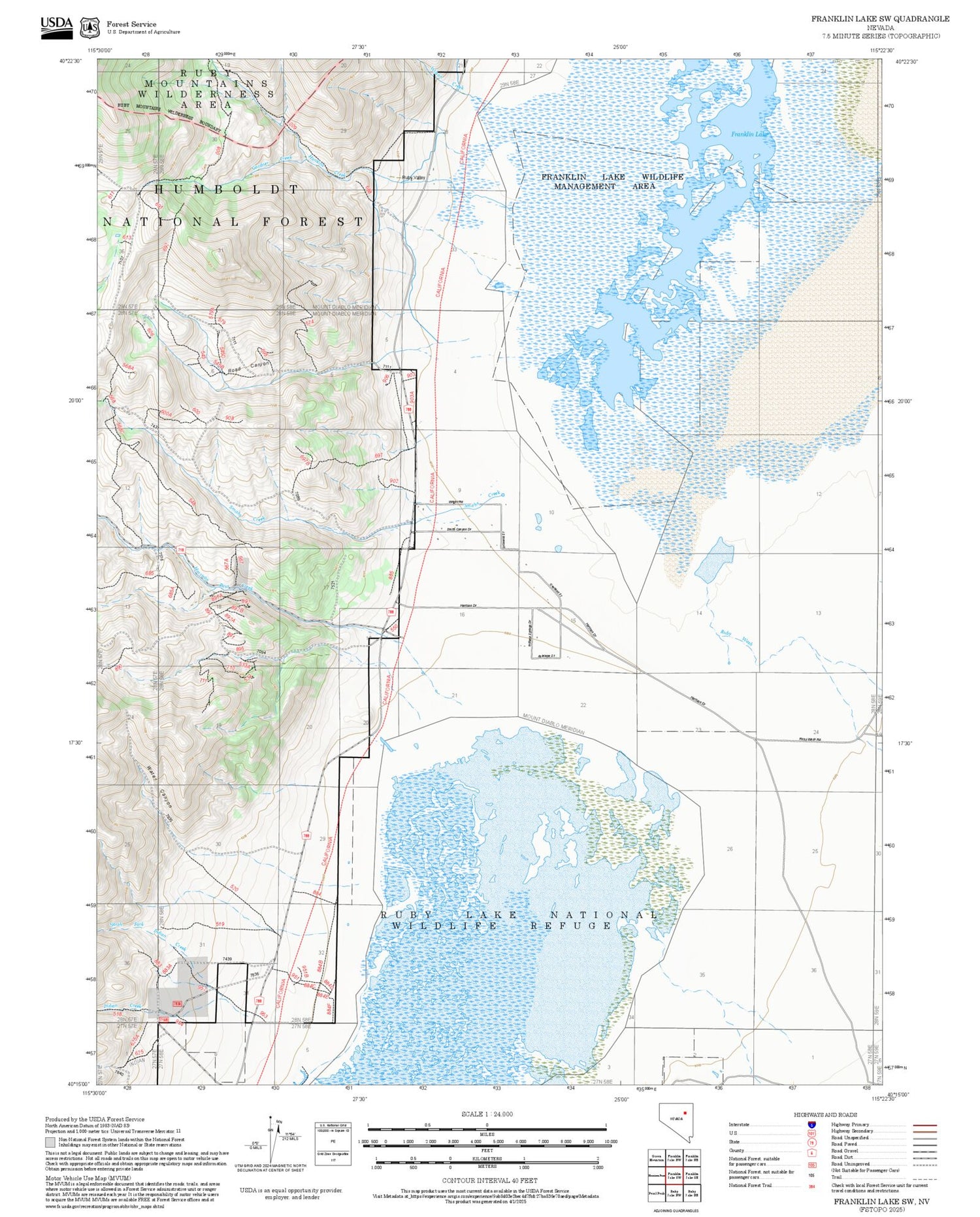 2025 Forest Service Topo Map of Franklin Lake SW Nevada