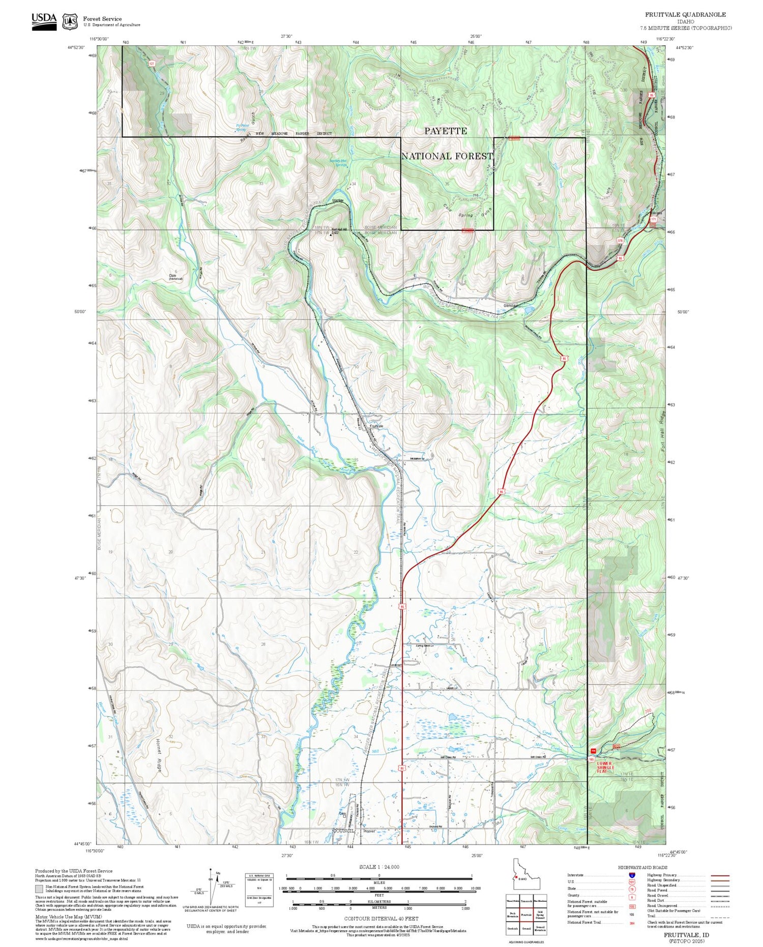 2025 Forest Service Topo Map of Fruitvale Idaho