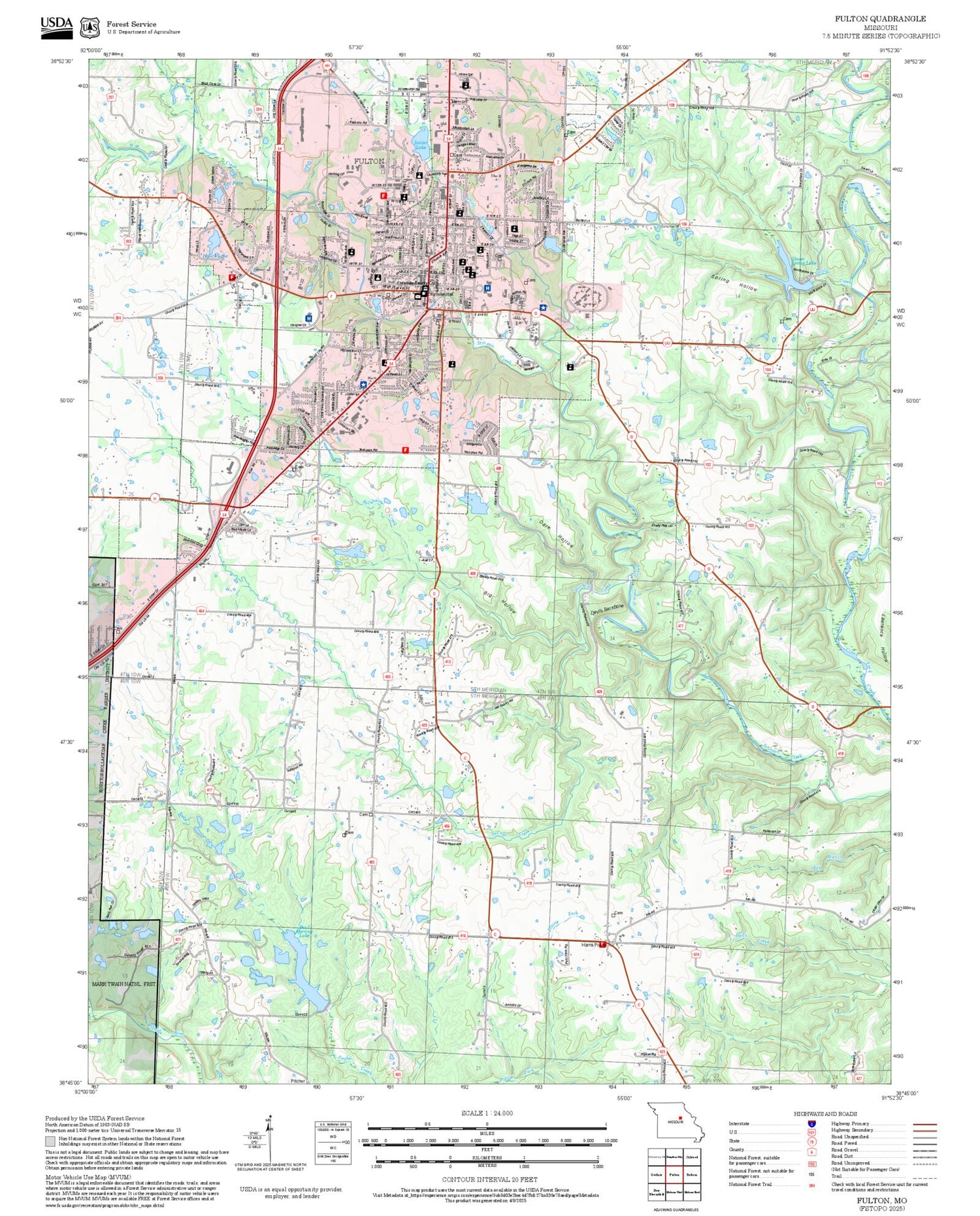 2025 Forest Service Topo Map of Fulton Missouri