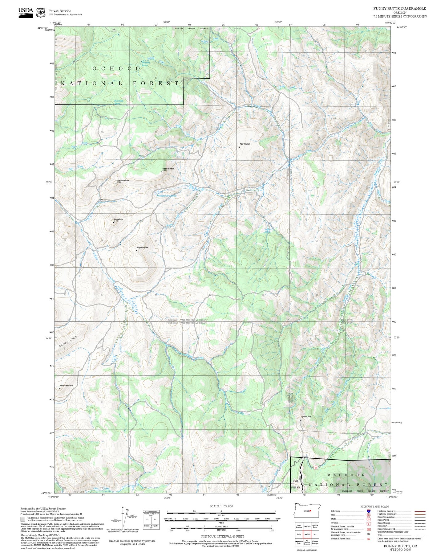 2025 Forest Service Topo Map of Funny Butte Oregon