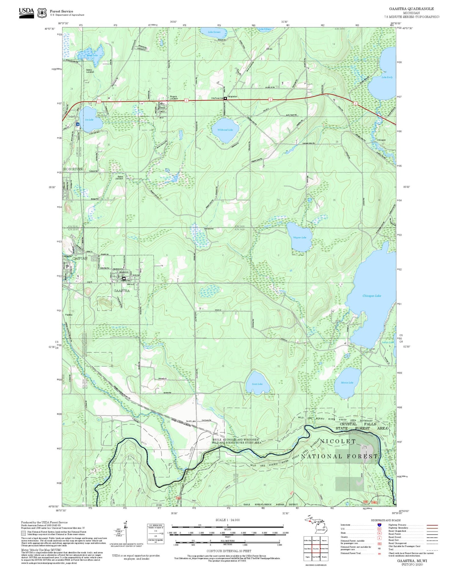 2025 Forest Service Topo Map of Gaastra Michigan