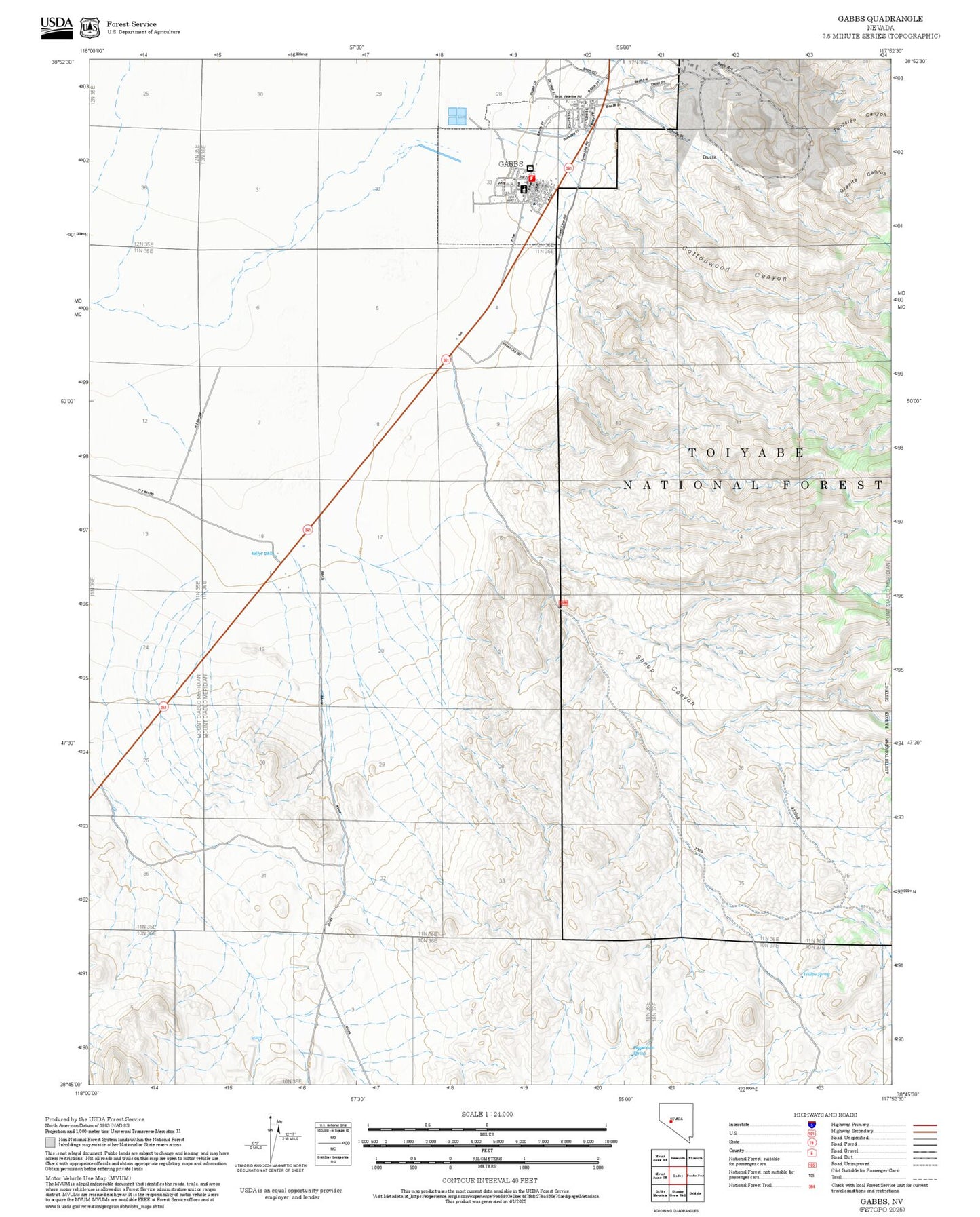 2025 Forest Service Topo Map of Gabbs Nevada