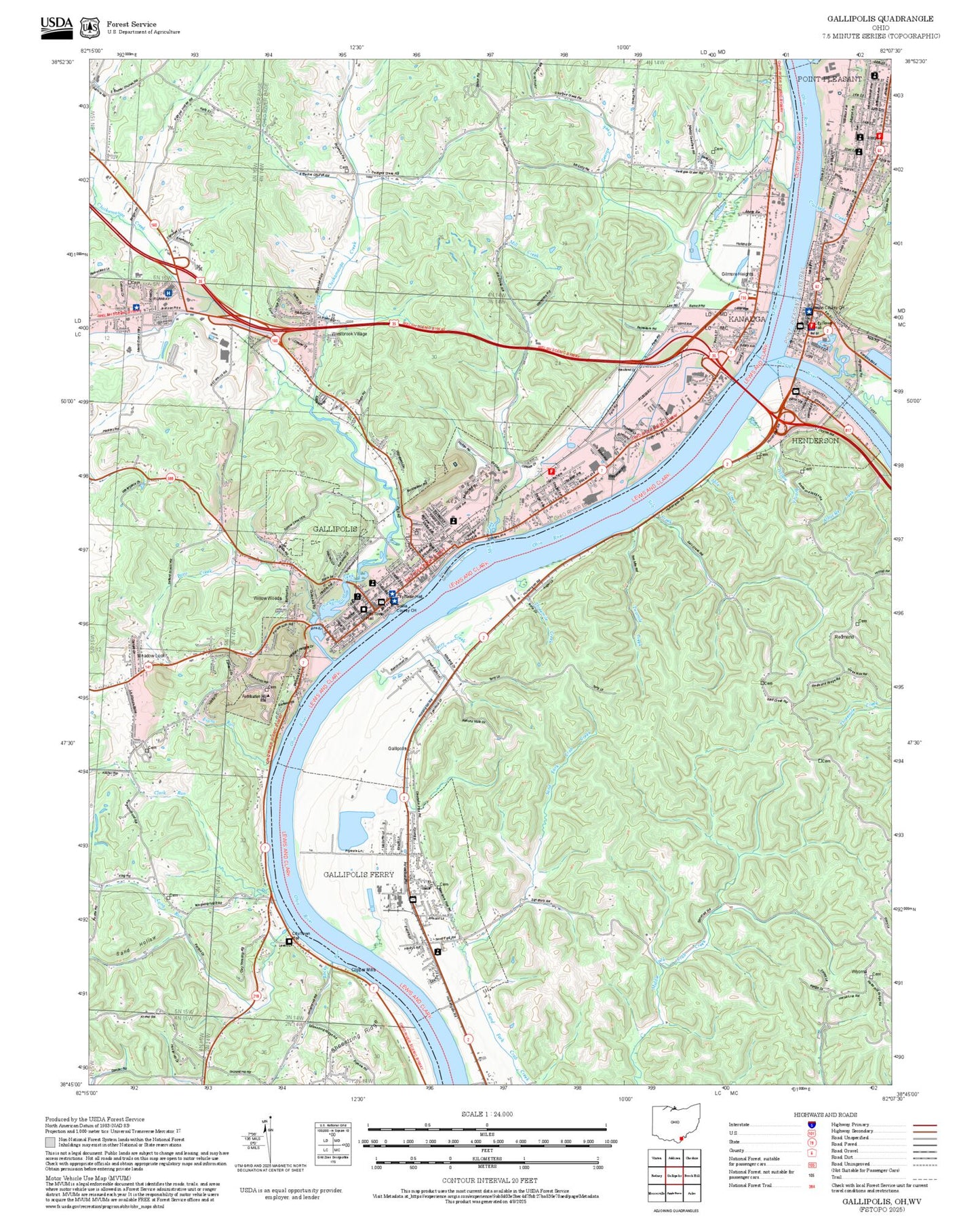 2025 Forest Service Topo Map of Gallipolis Ohio