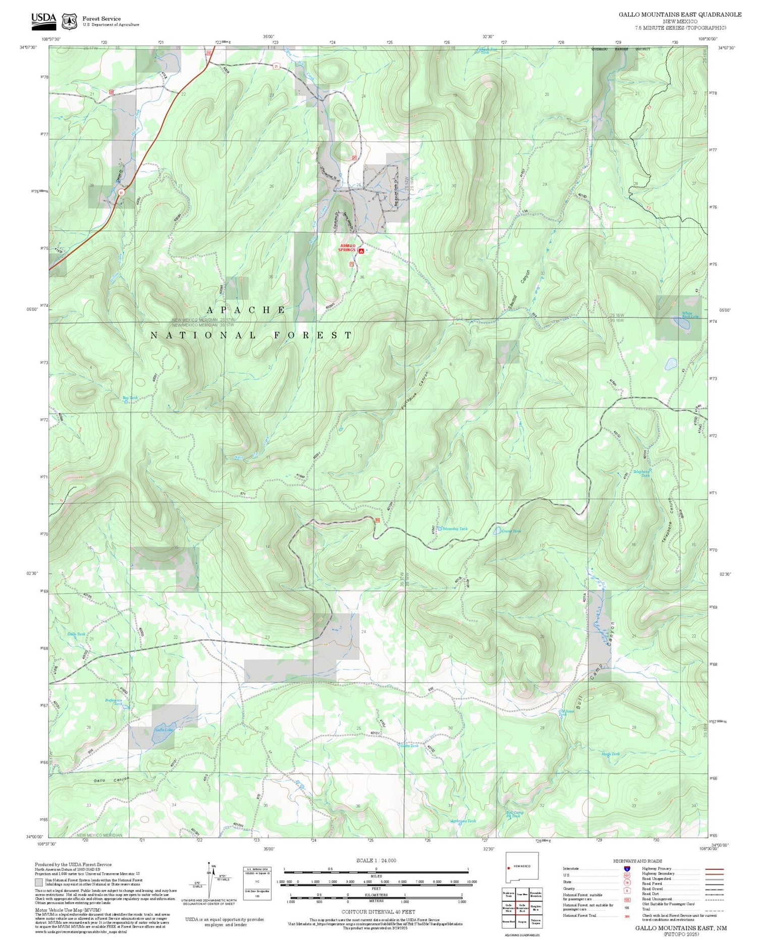 2025 Forest Service Topo Map of Gallo Mountains East New Mexico