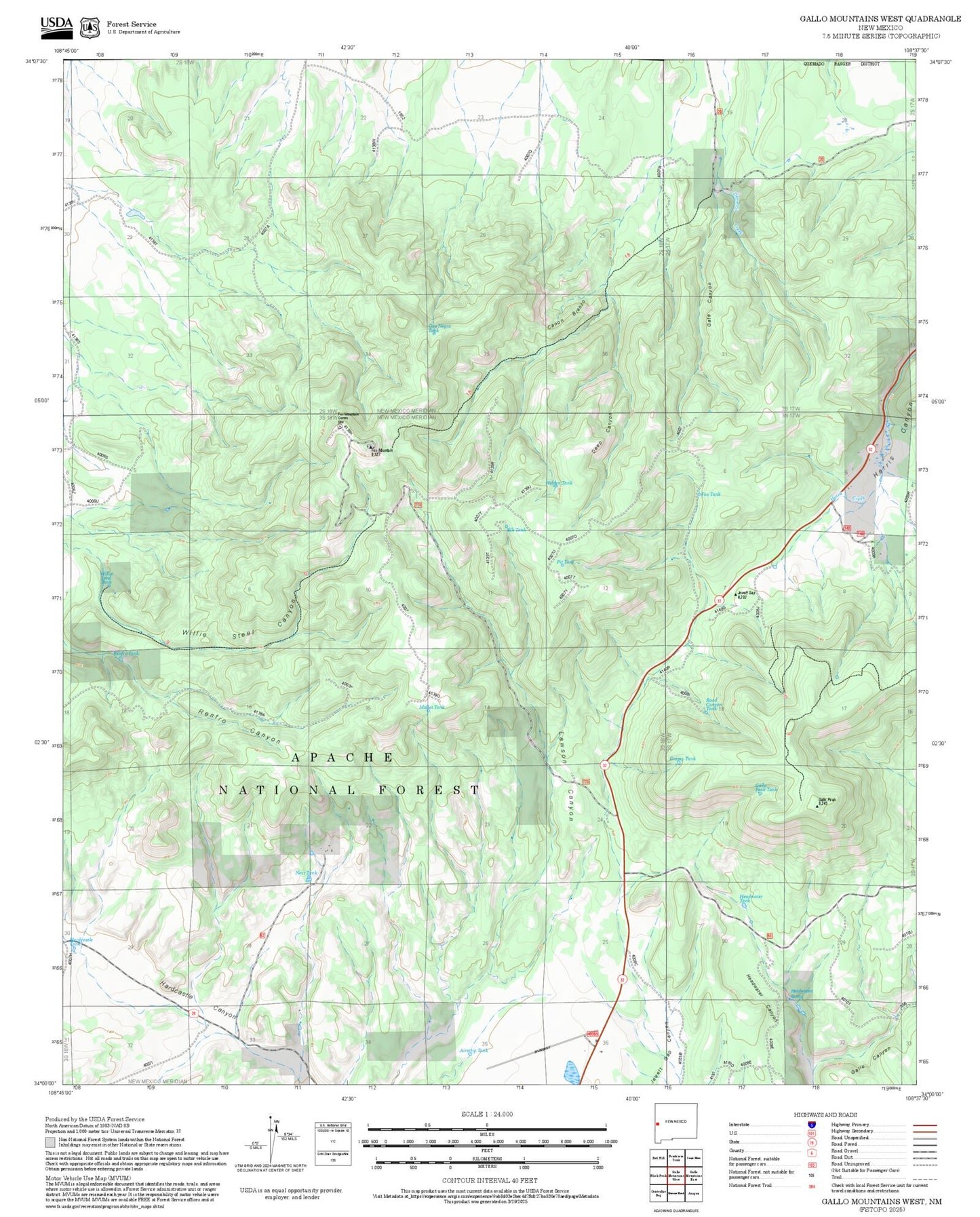 2025 Forest Service Topo Map of Gallo Mountains West New Mexico
