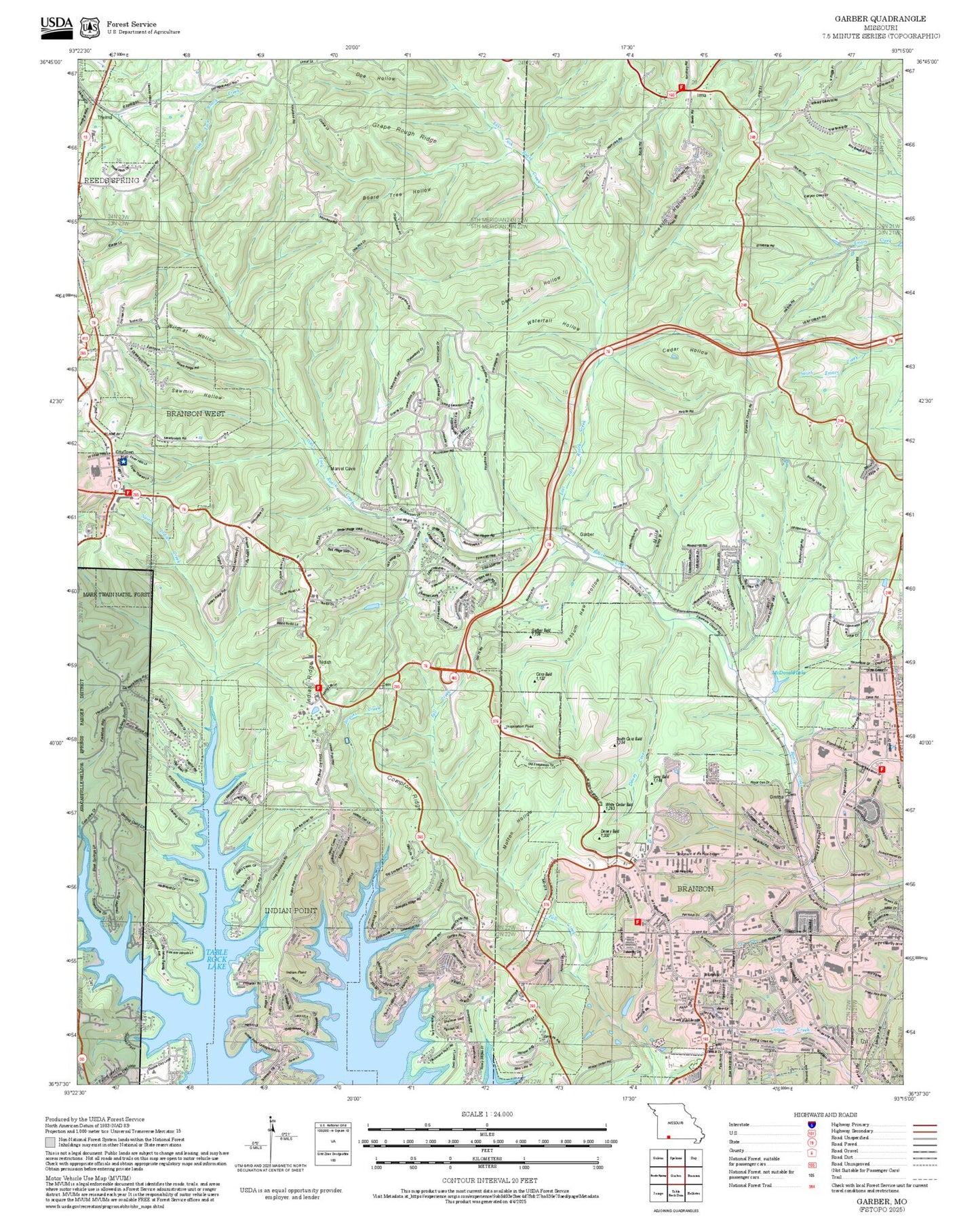 2025 Forest Service Topo Map of Garber Missouri
