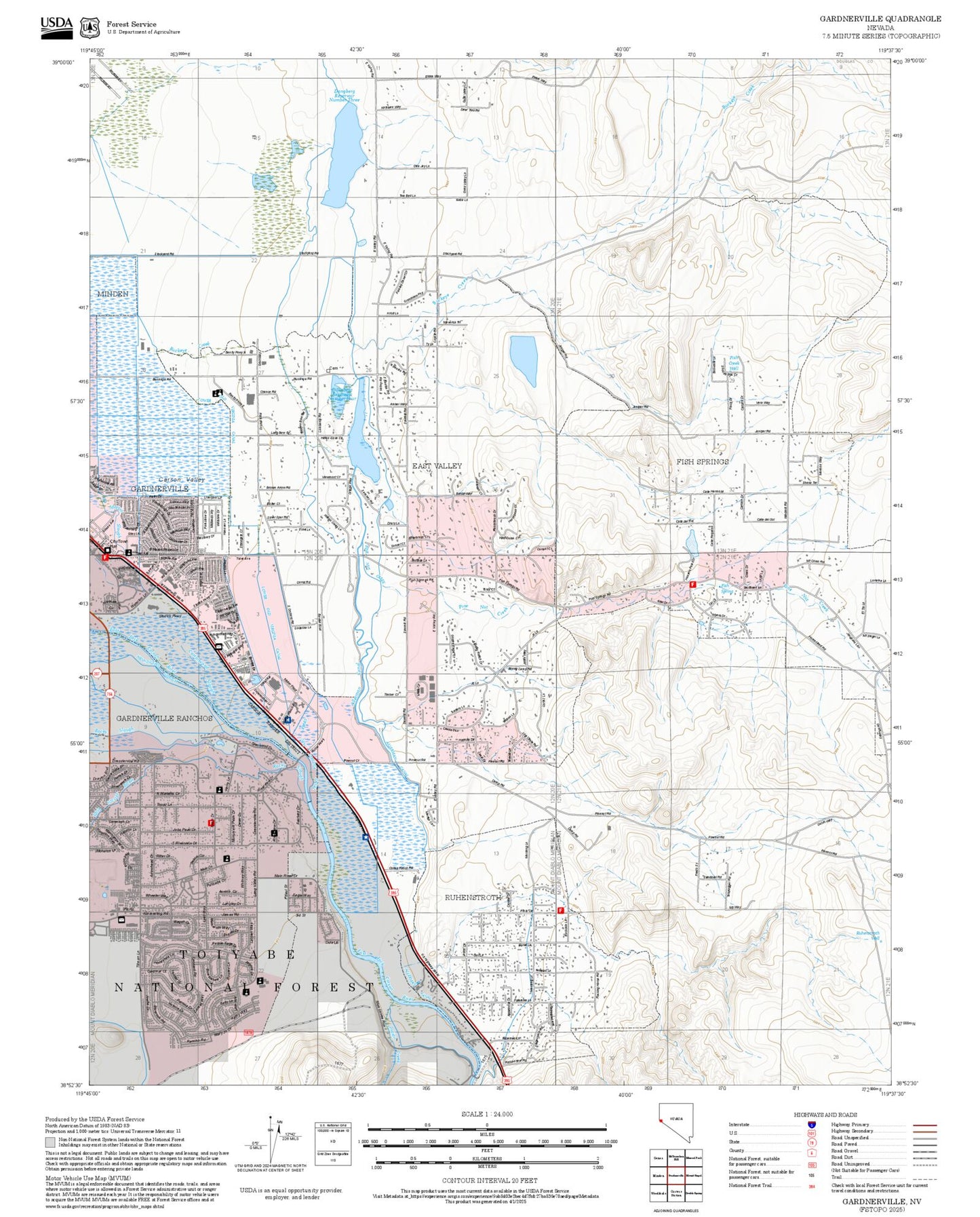 2025 Forest Service Topo Map of Gardnerville Nevada