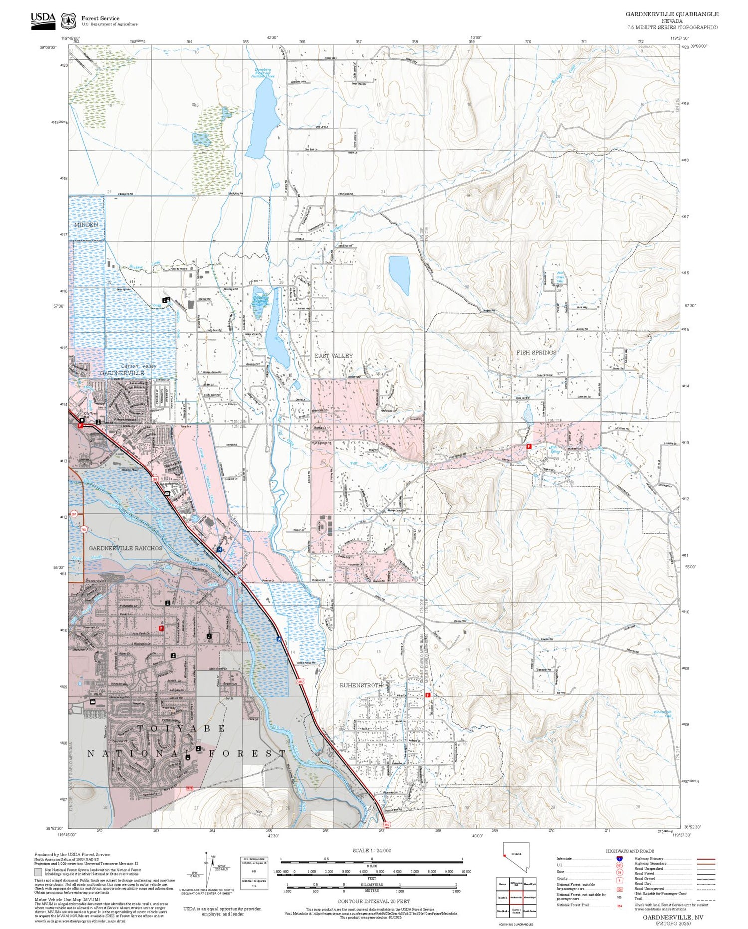 2025 Forest Service Topo Map of Gardnerville Nevada