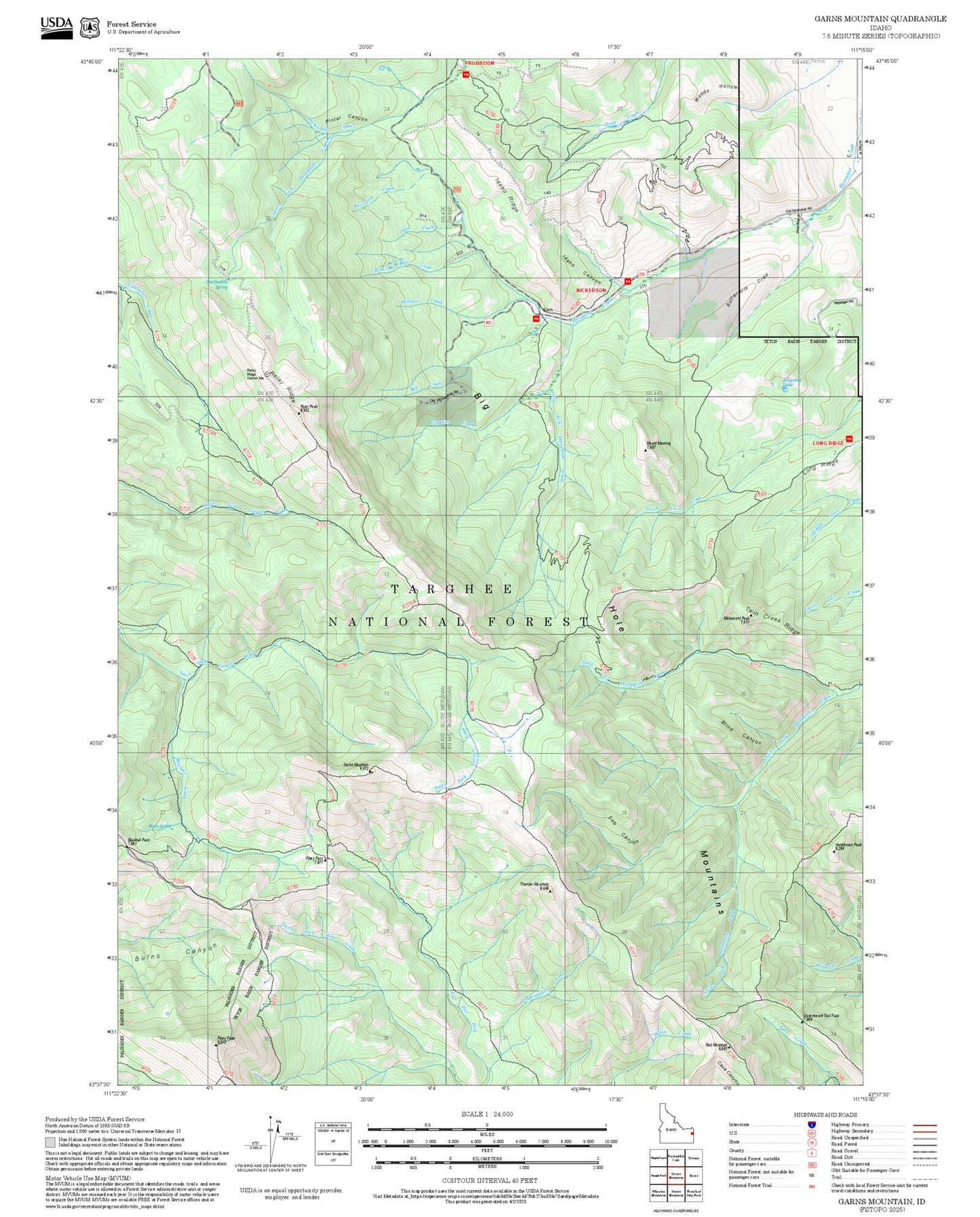 2025 Forest Service Topo Map of Garns Mountain Idaho