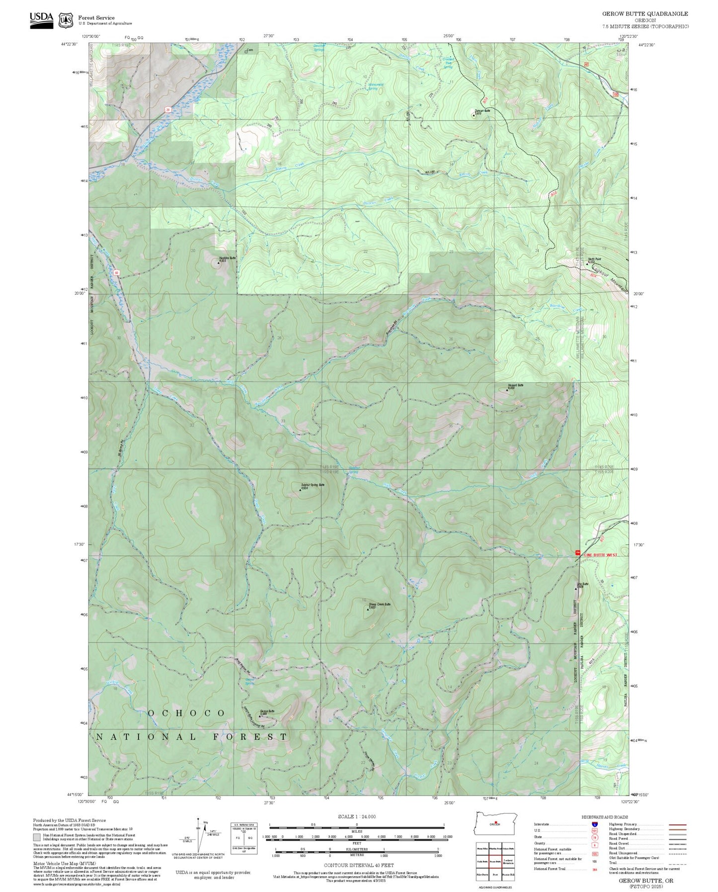 2025 Forest Service Topo Map of Gerow Butte Oregon