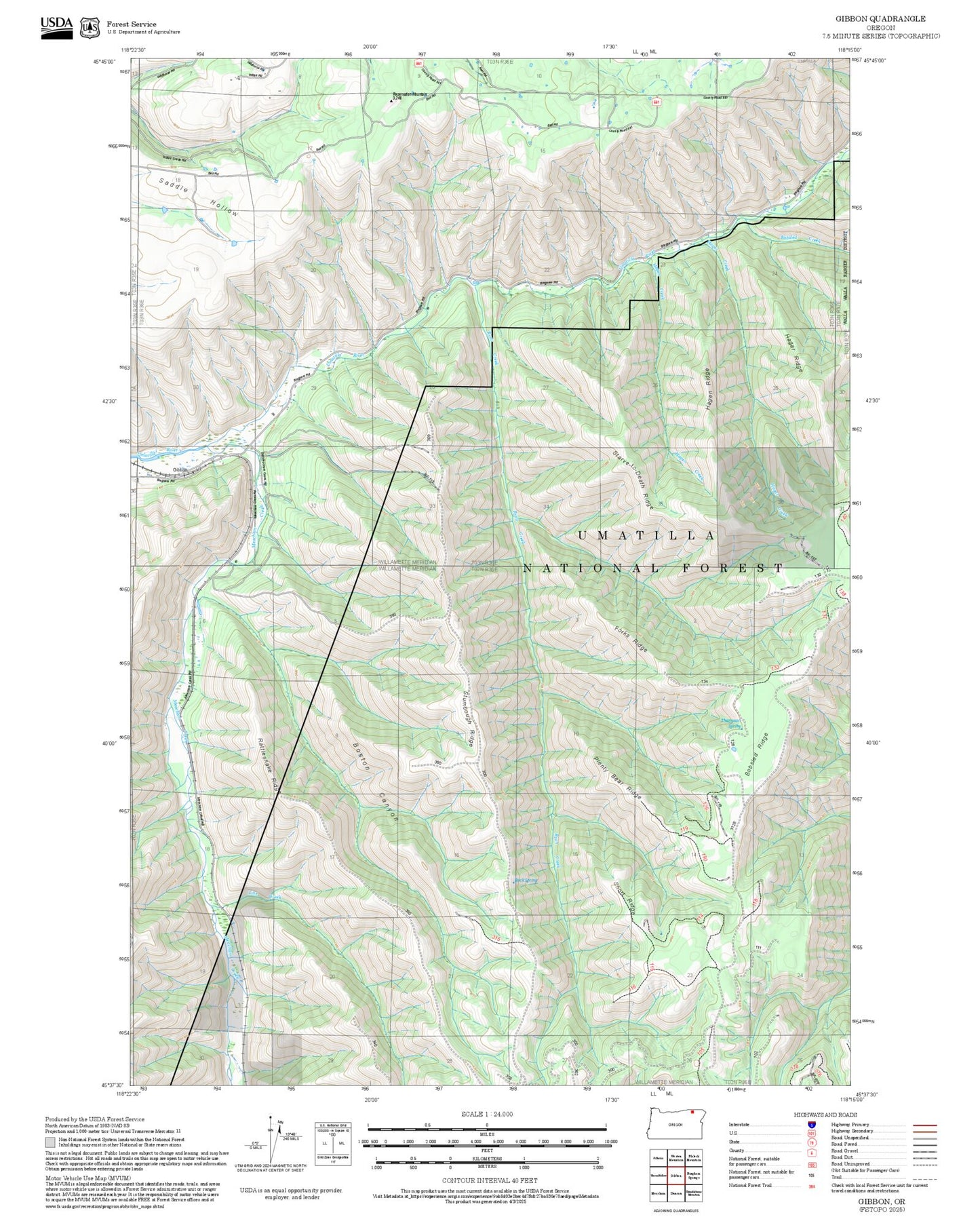 2025 Forest Service Topo Map of Gibbon Oregon