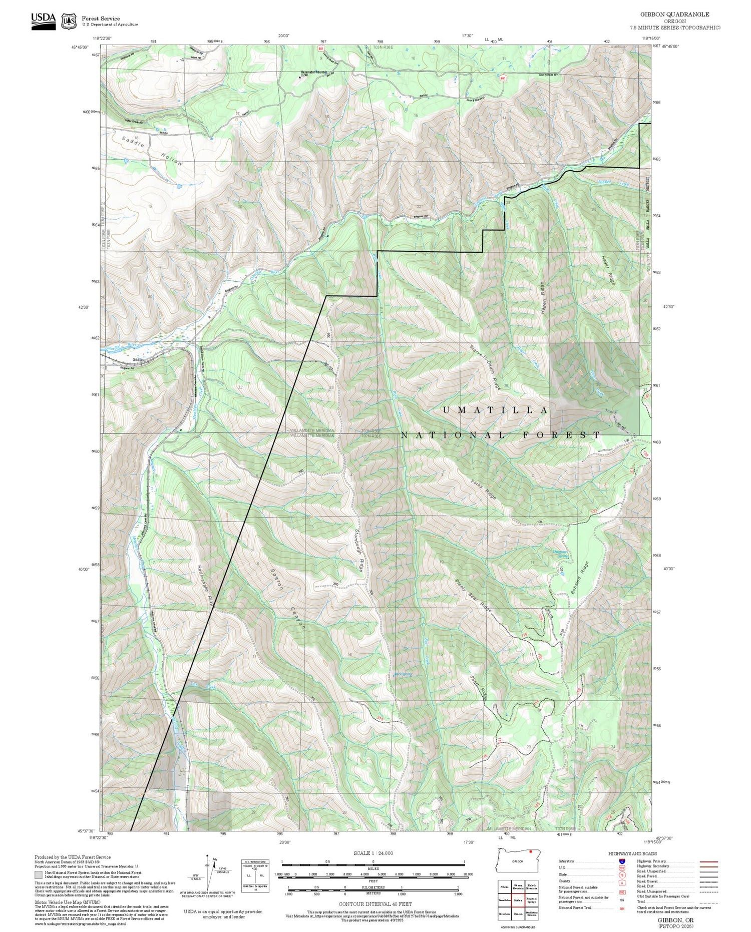 2025 Forest Service Topo Map of Gibbon Oregon