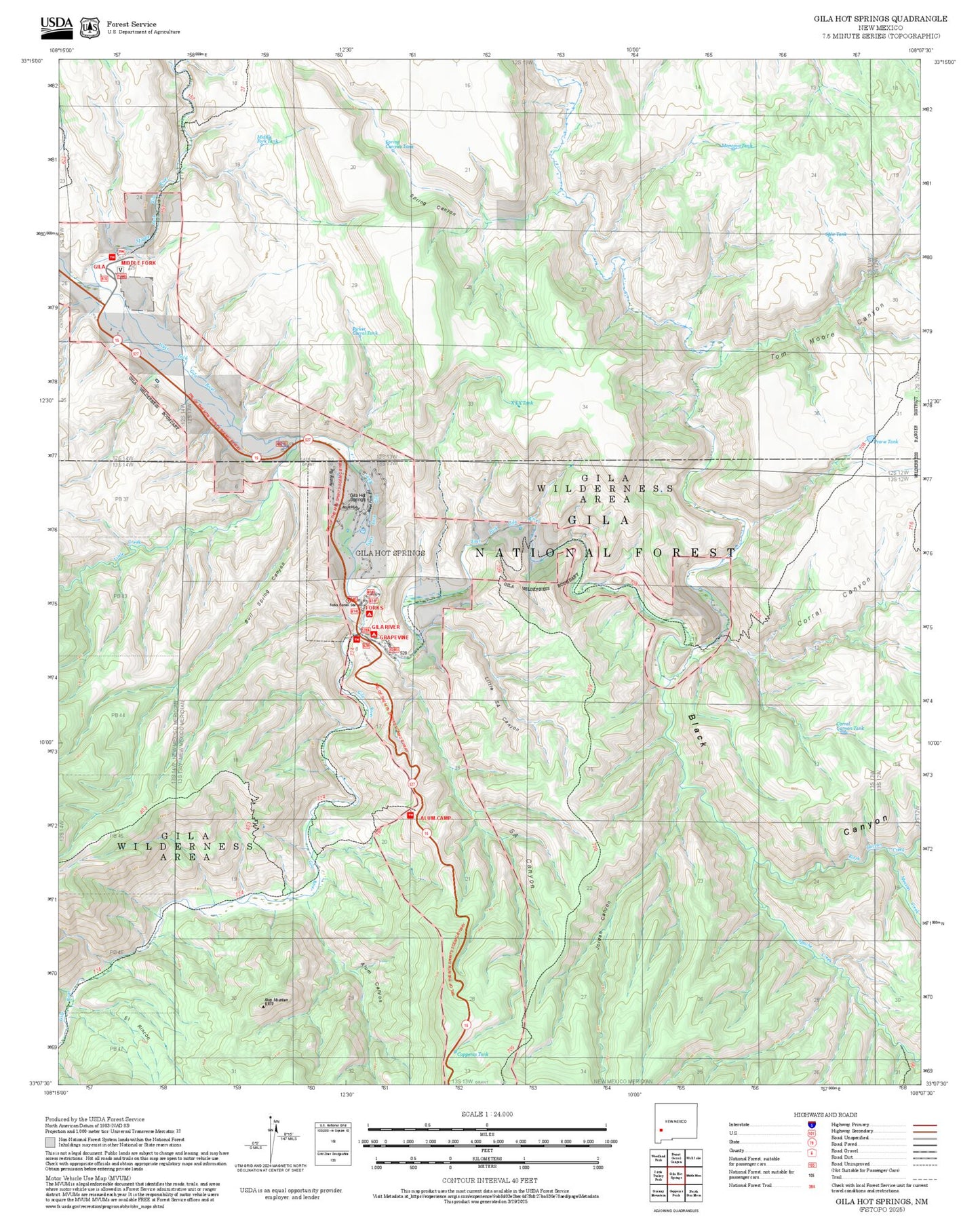 2025 Forest Service Topo Map of Gila Hot Springs New Mexico